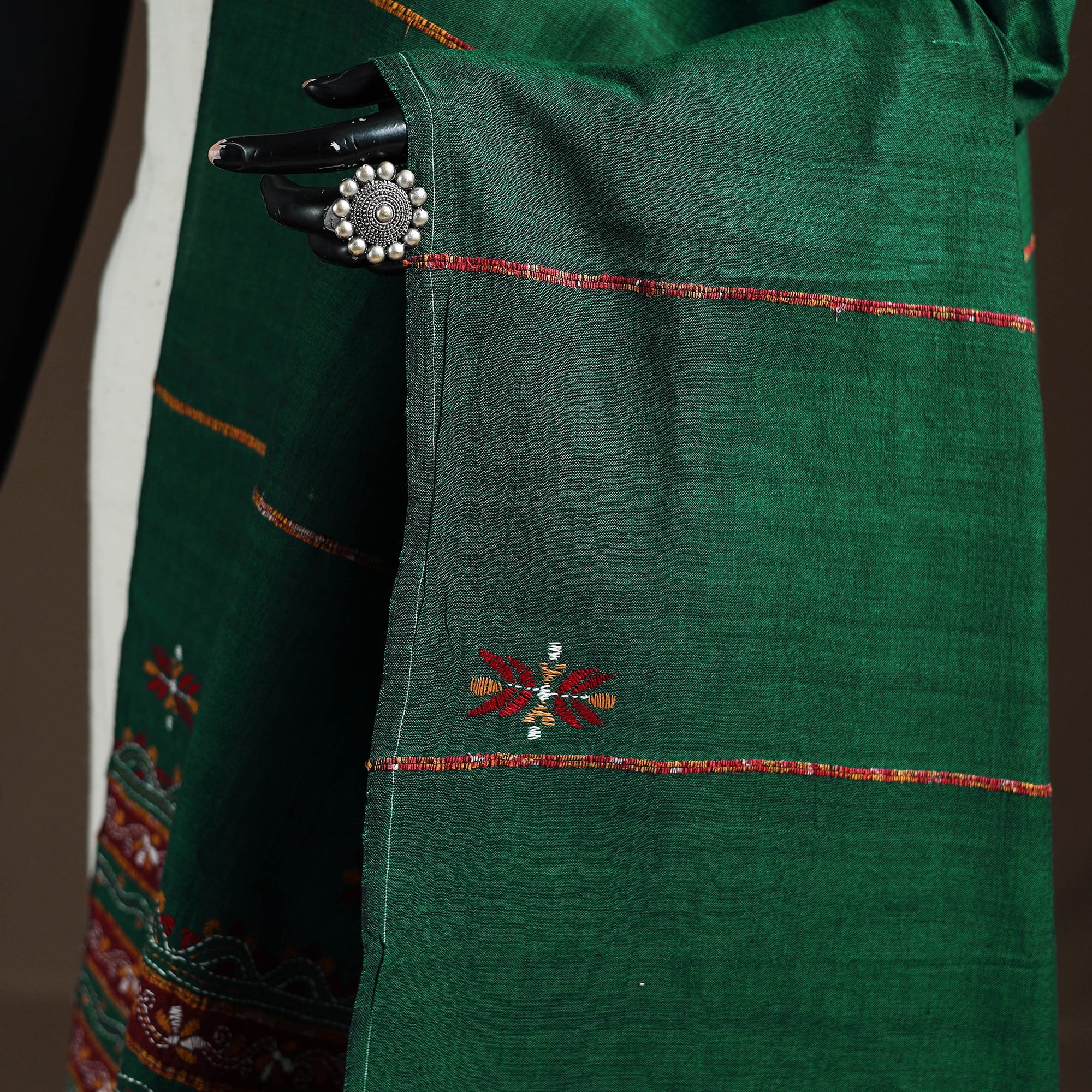 Green - Kantha Hand Embroidered Khes Handwoven Cotton Dupatta 36 - Image 3