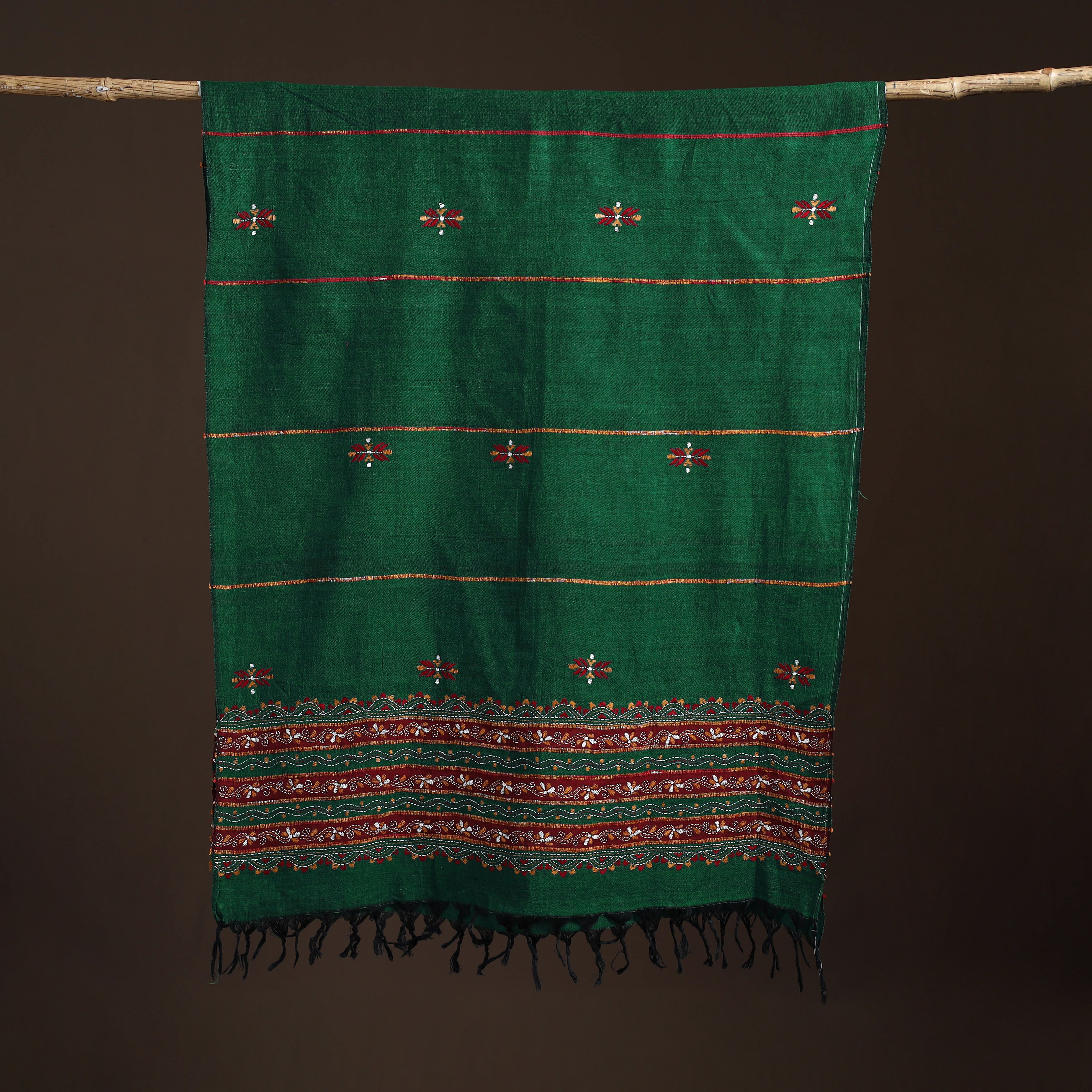 Green - Kantha Hand Embroidered Khes Handwoven Cotton Dupatta 36 - Image 5