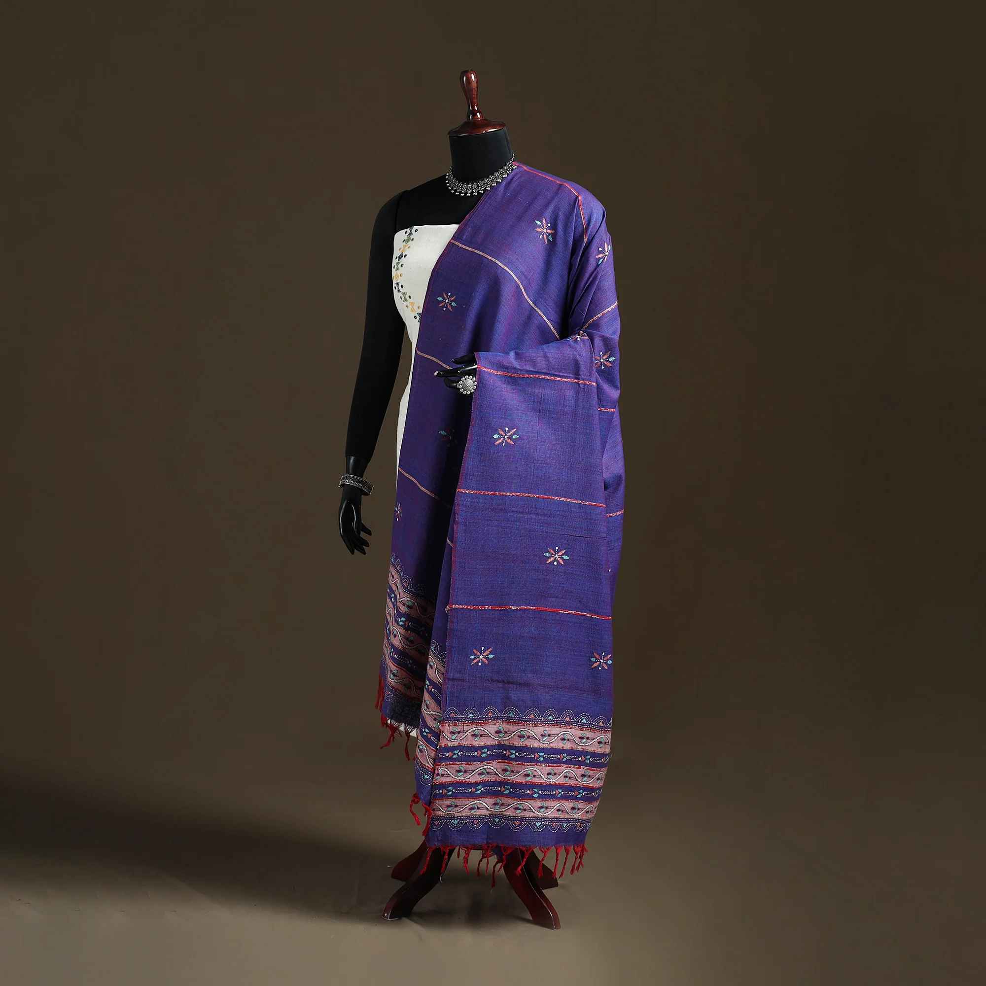 Purple - Kantha Hand Embroidered Khes Handwoven Cotton Dupatta 37