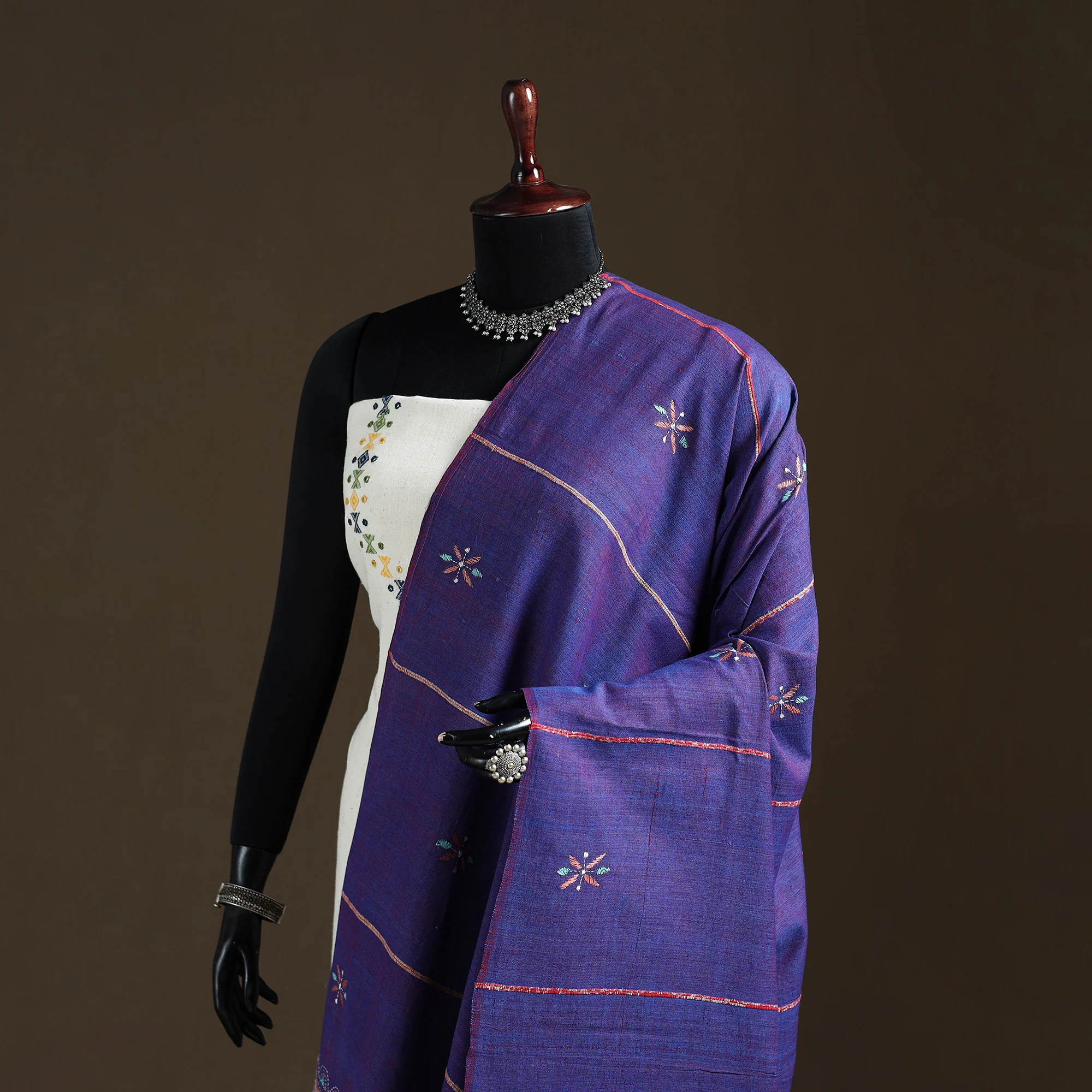 Purple - Kantha Hand Embroidered Khes Handwoven Cotton Dupatta 37 - Image 2
