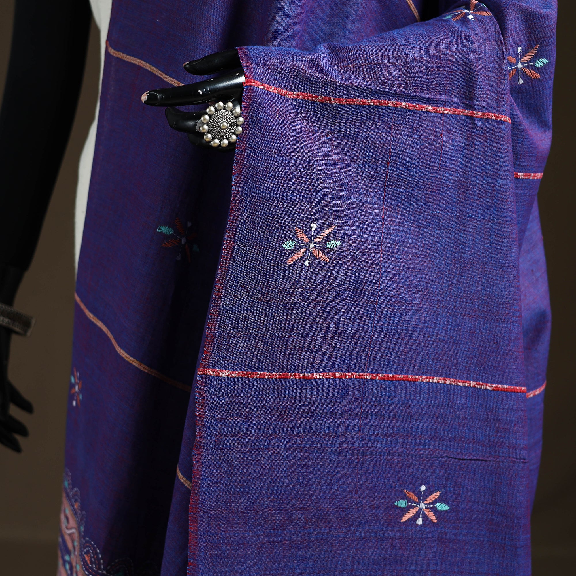 Purple - Kantha Hand Embroidered Khes Handwoven Cotton Dupatta 37 - Image 3