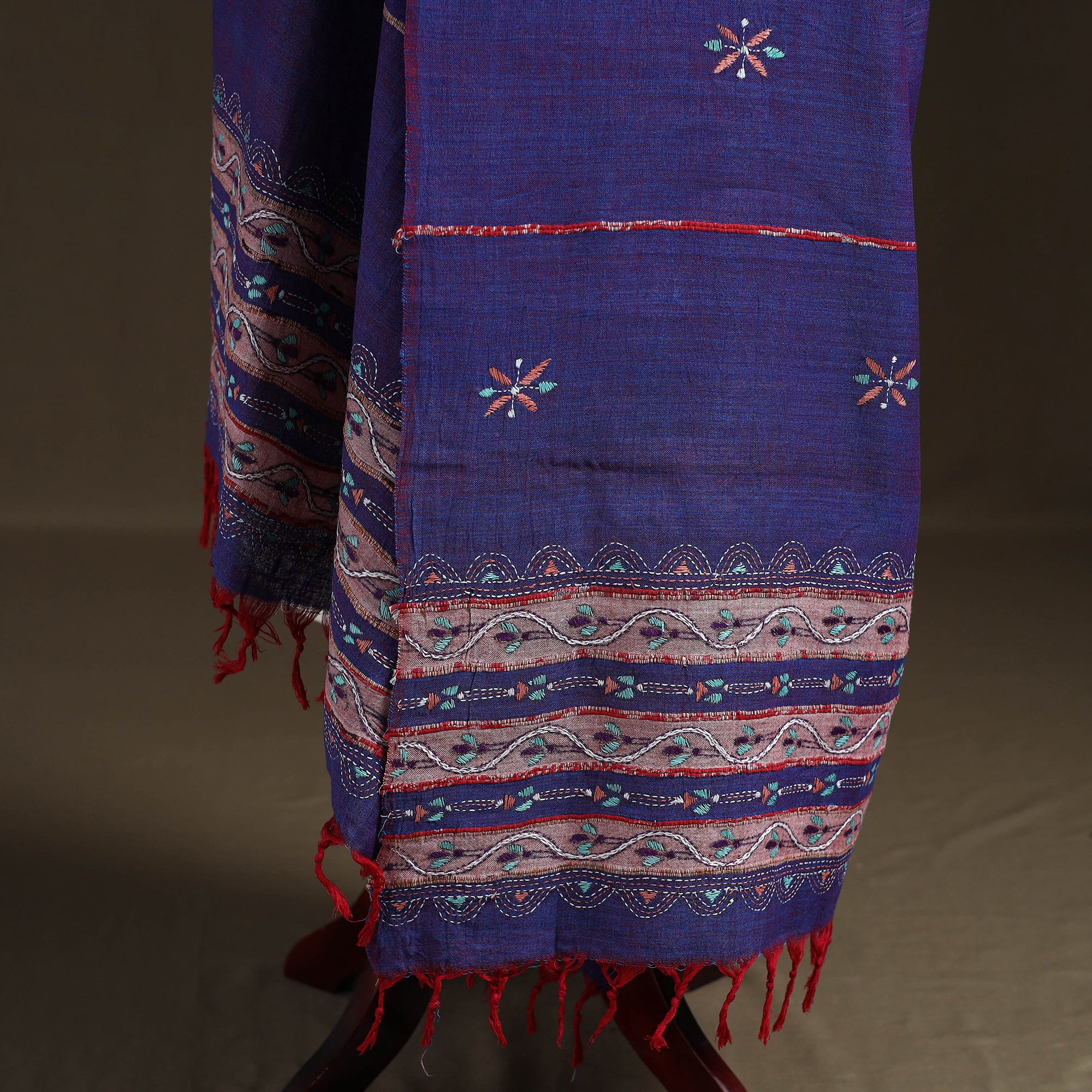 Purple - Kantha Hand Embroidered Khes Handwoven Cotton Dupatta 37 - Image 4