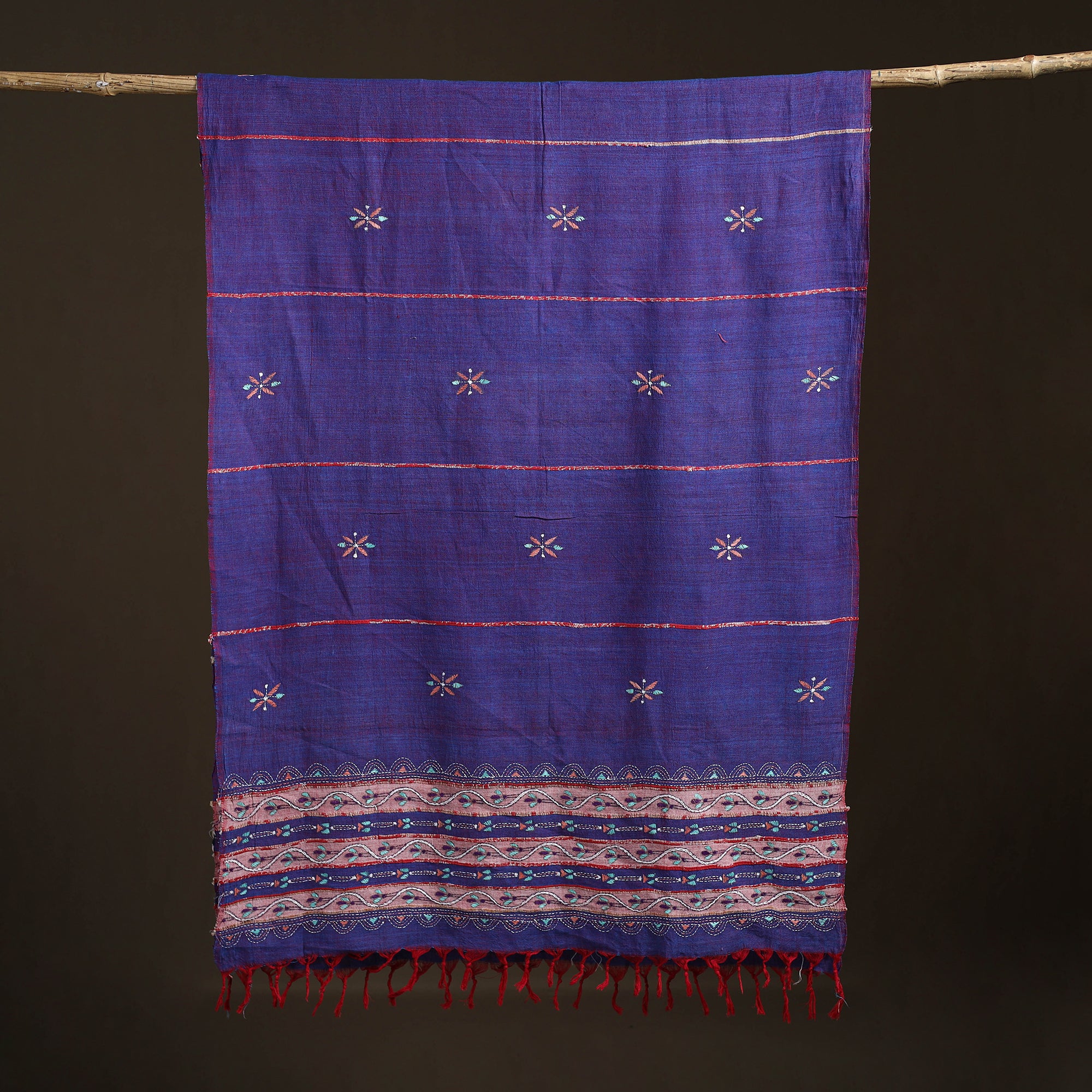 Purple - Kantha Hand Embroidered Khes Handwoven Cotton Dupatta 37 - Image 5