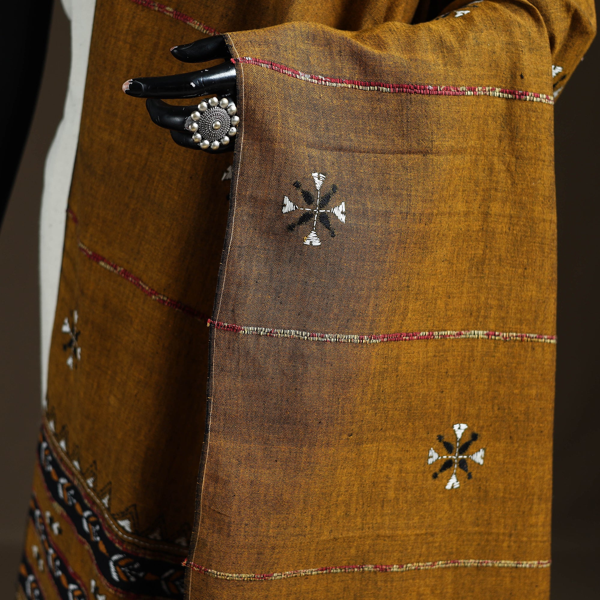 Yellow - Kantha Hand Embroidered Khes Handwoven Cotton Dupatta 38 - Image 3