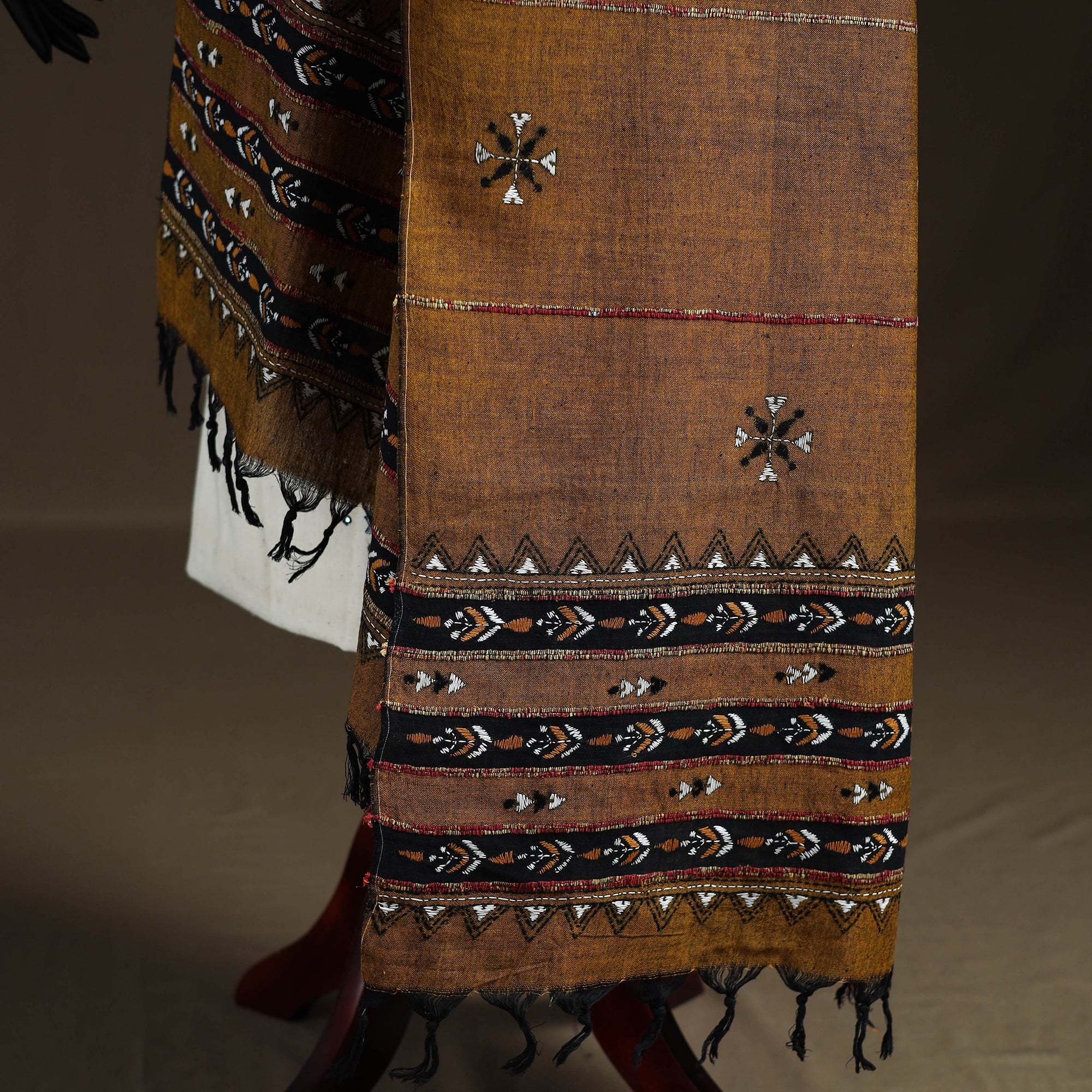 Yellow - Kantha Hand Embroidered Khes Handwoven Cotton Dupatta 38 - Image 4