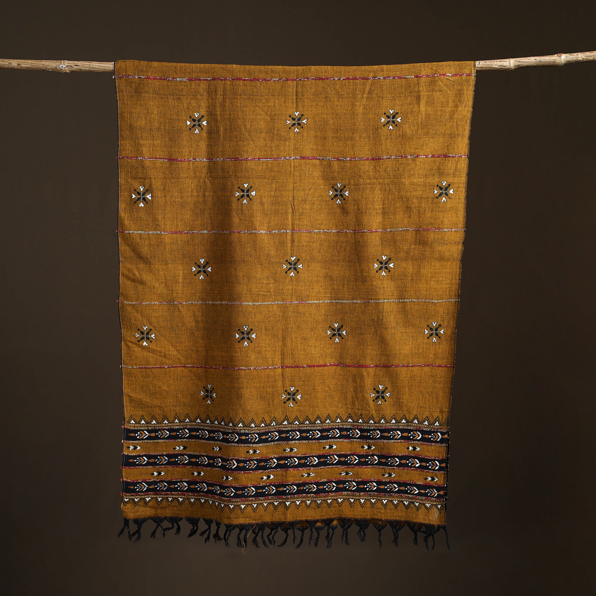 Yellow - Kantha Hand Embroidered Khes Handwoven Cotton Dupatta 38 - Image 5