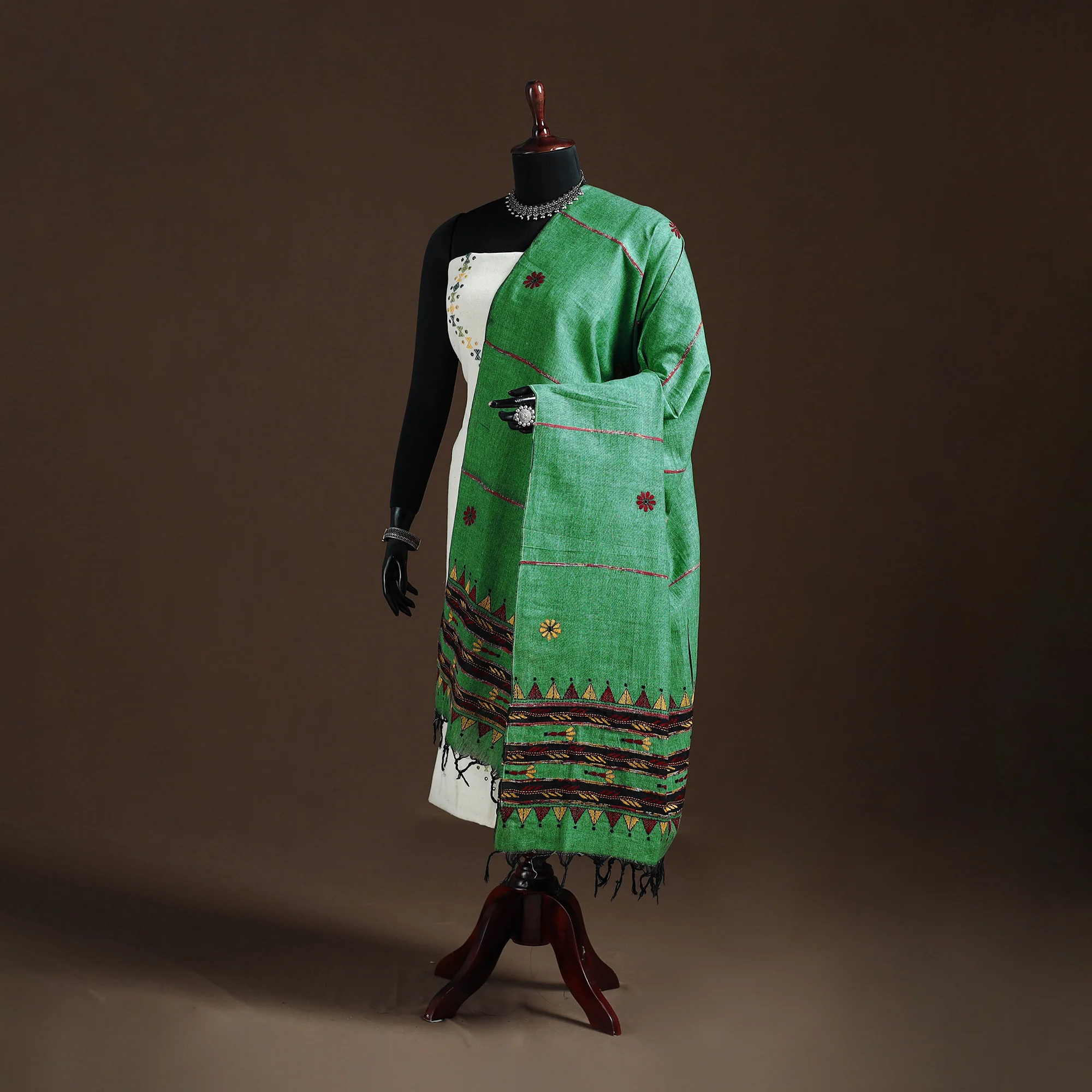 Green - Kantha Hand Embroidered Khes Handwoven Cotton Dupatta 39