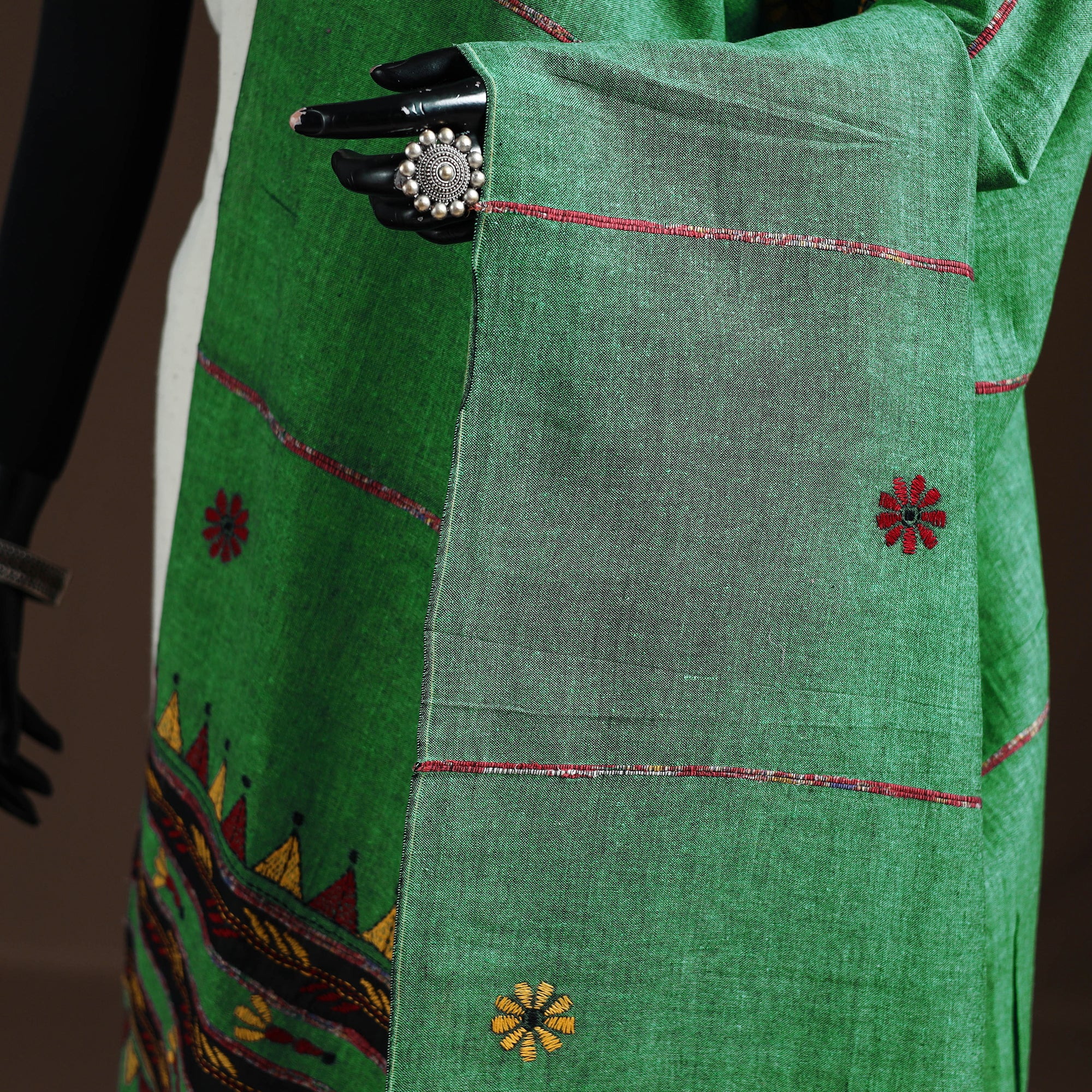 Green - Kantha Hand Embroidered Khes Handwoven Cotton Dupatta 39 - Image 3
