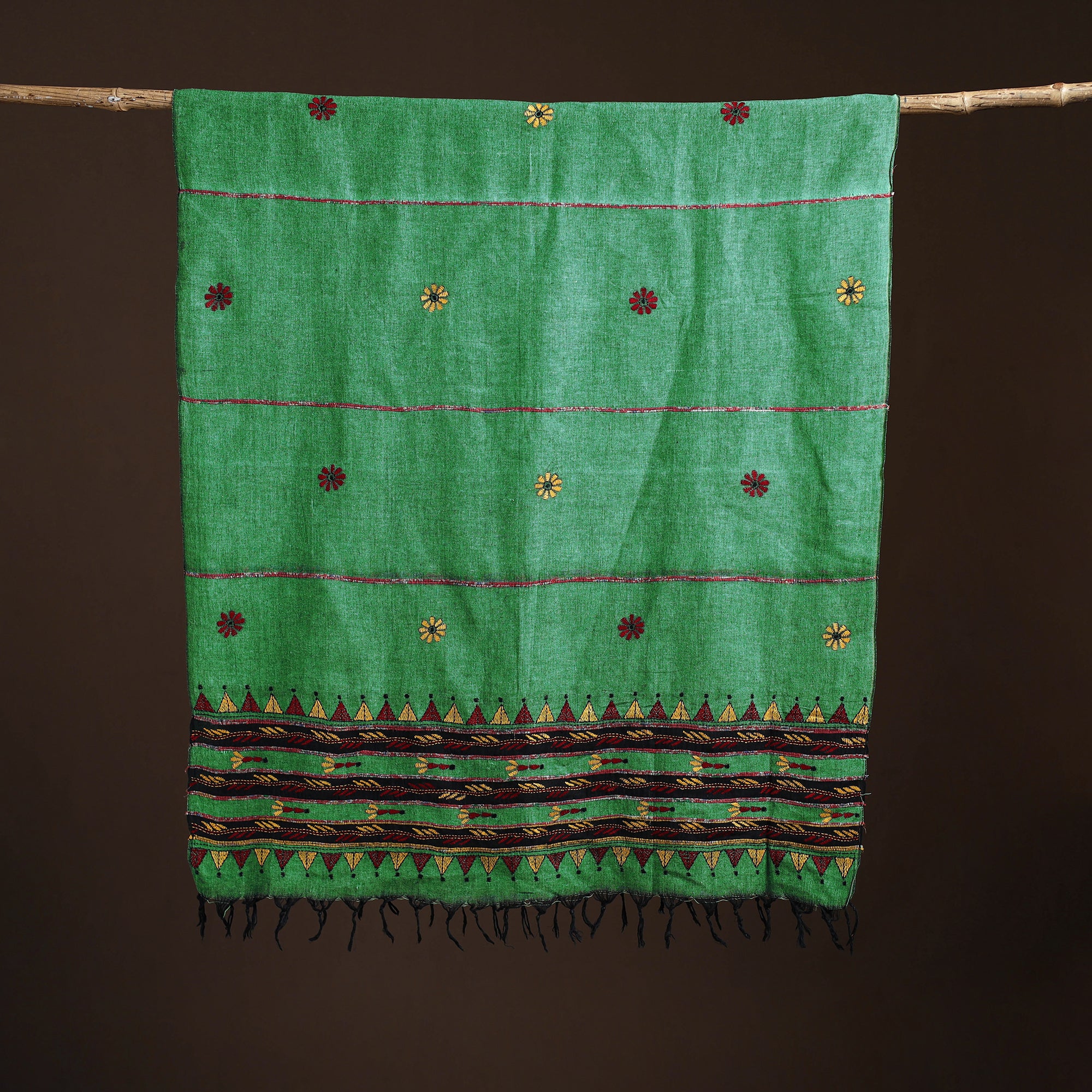 Green - Kantha Hand Embroidered Khes Handwoven Cotton Dupatta 39 - Image 5
