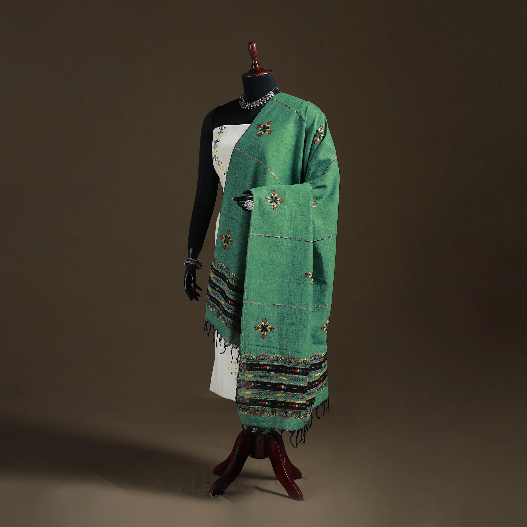Green - Kantha Hand Embroidered Khes Handwoven Cotton Dupatta 40