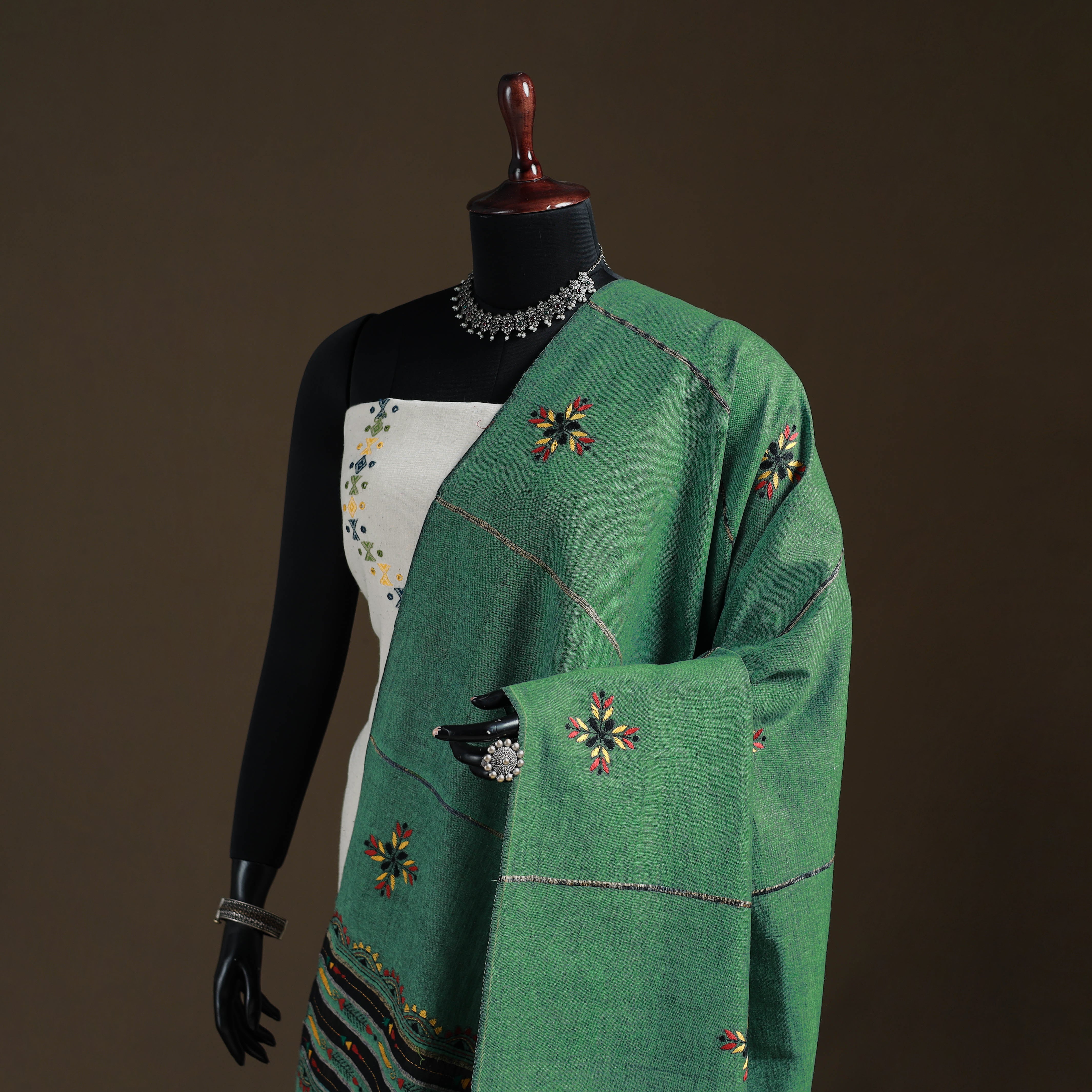 Green - Kantha Hand Embroidered Khes Handwoven Cotton Dupatta 40 - Image 2