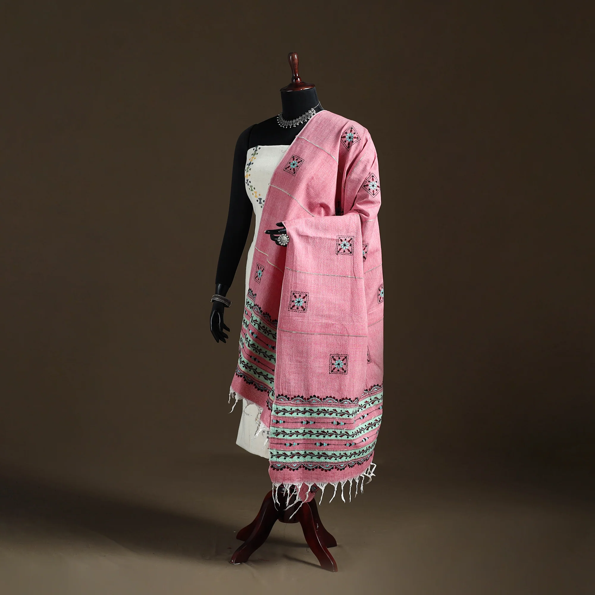 Pink - Kantha Hand Embroidered Khes Handwoven Cotton Dupatta 41
