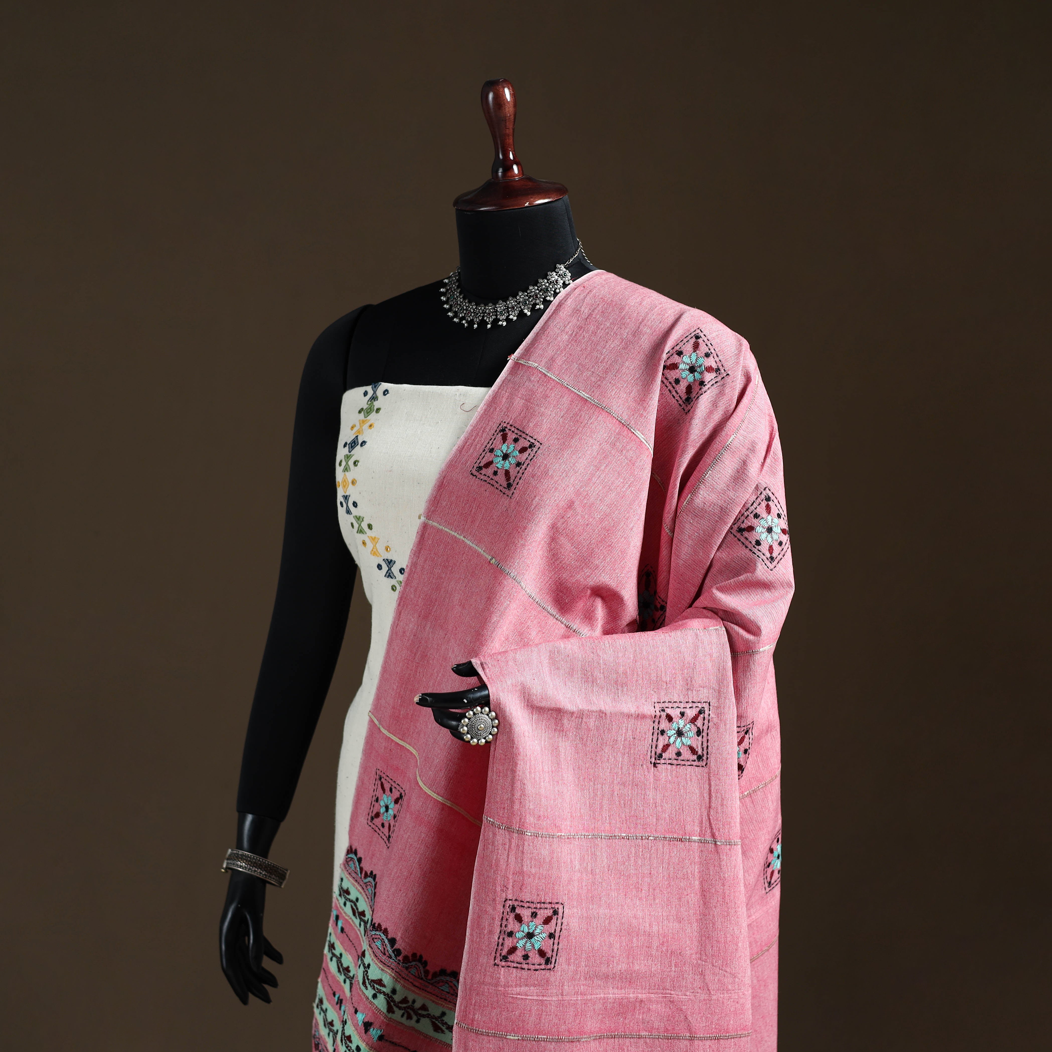 Pink - Kantha Hand Embroidered Khes Handwoven Cotton Dupatta 41 - Image 2