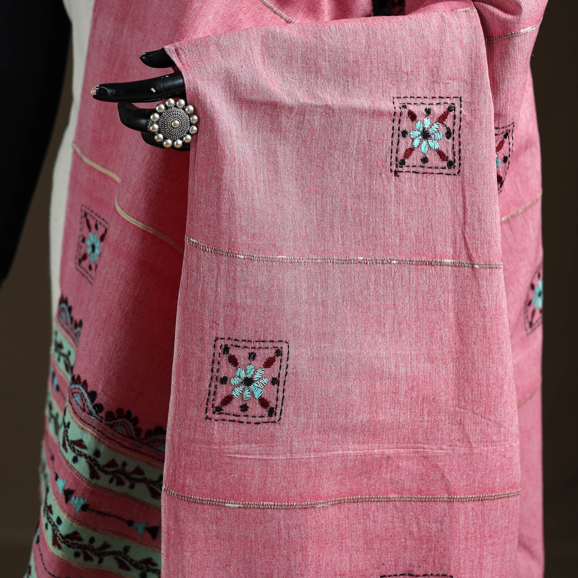Pink - Kantha Hand Embroidered Khes Handwoven Cotton Dupatta 41 - Image 3