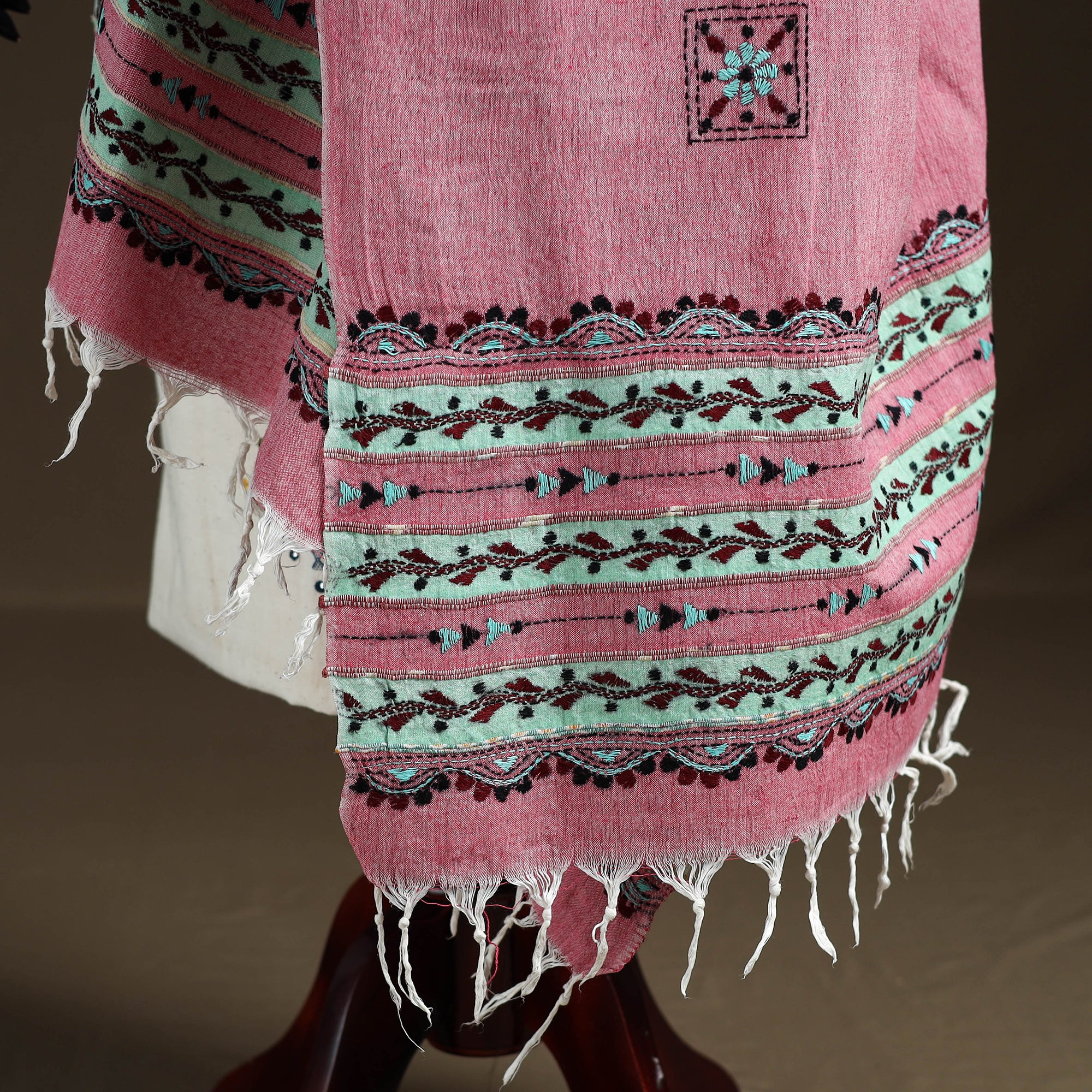Pink - Kantha Hand Embroidered Khes Handwoven Cotton Dupatta 41 - Image 4
