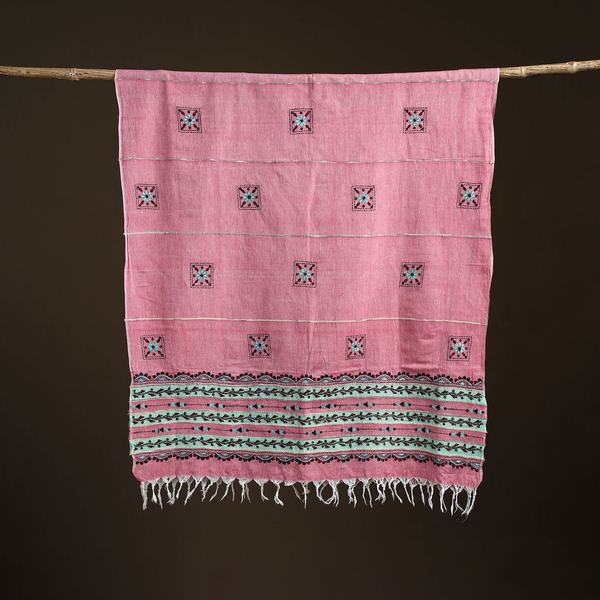 Pink - Kantha Hand Embroidered Khes Handwoven Cotton Dupatta 41 - Image 5