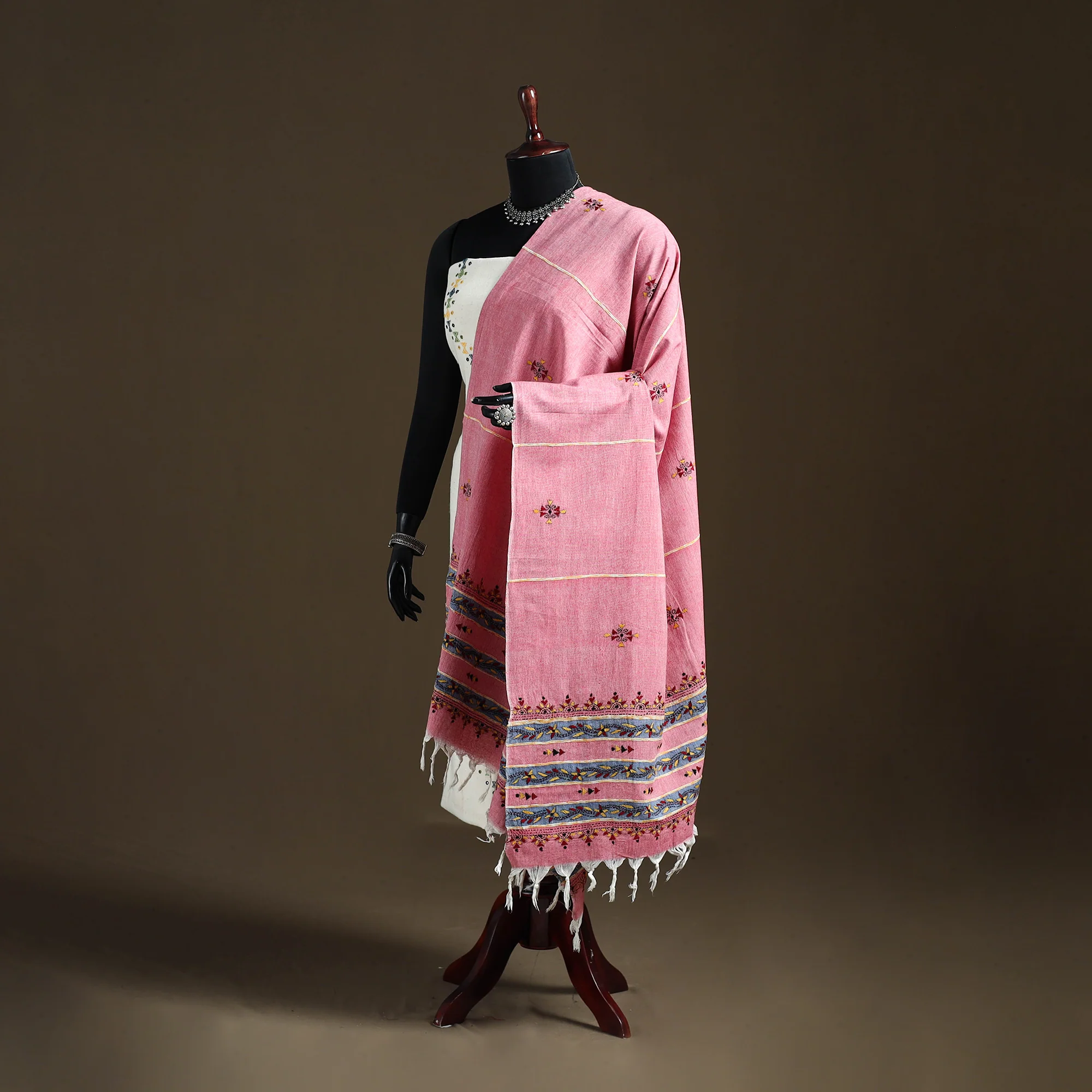Pink - Kantha Hand Embroidered Khes Handwoven Cotton Dupatta 42