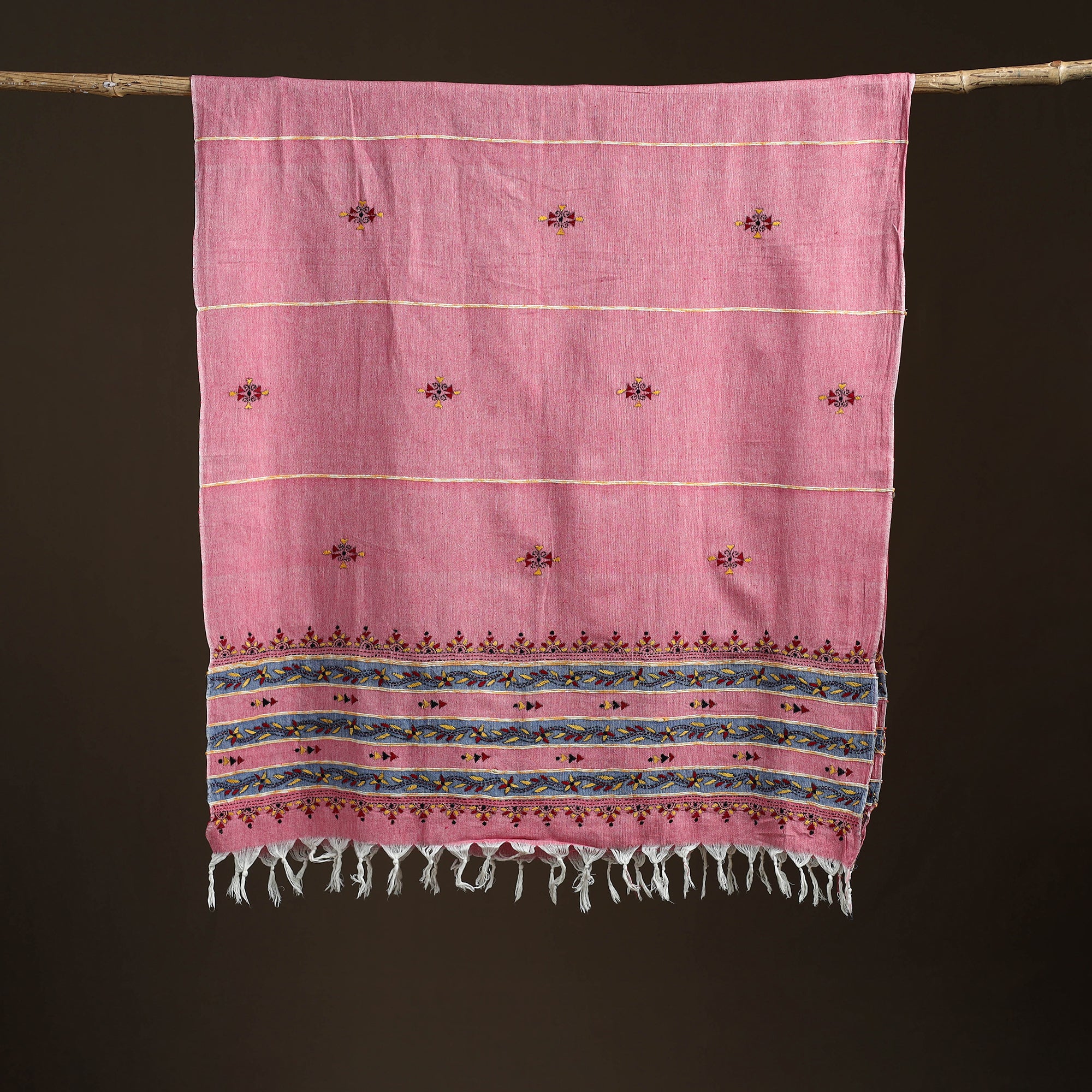 Pink - Kantha Hand Embroidered Khes Handwoven Cotton Dupatta 42 - Image 5