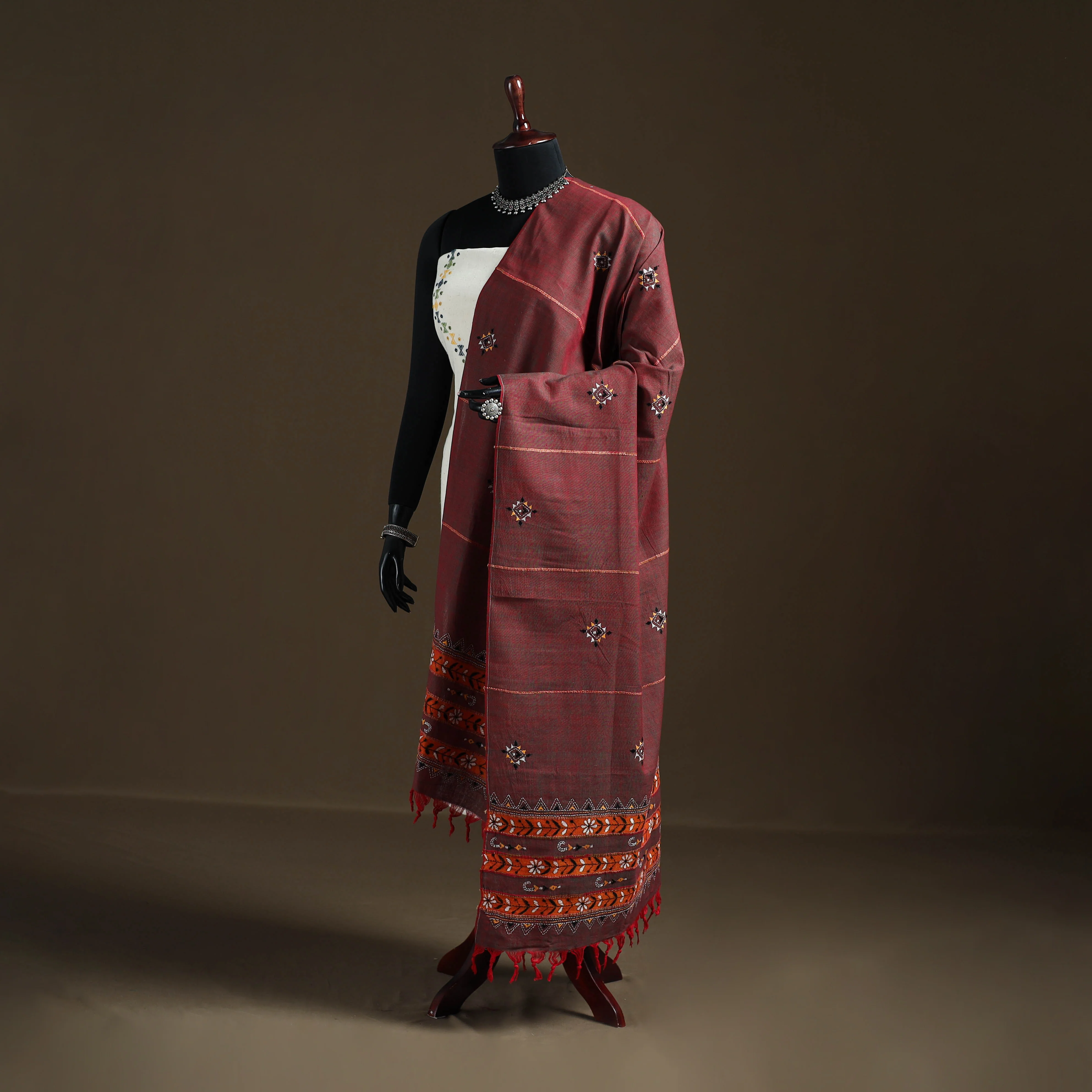 Maroon - Kantha Hand Embroidered Khes Handwoven Cotton Dupatta 43