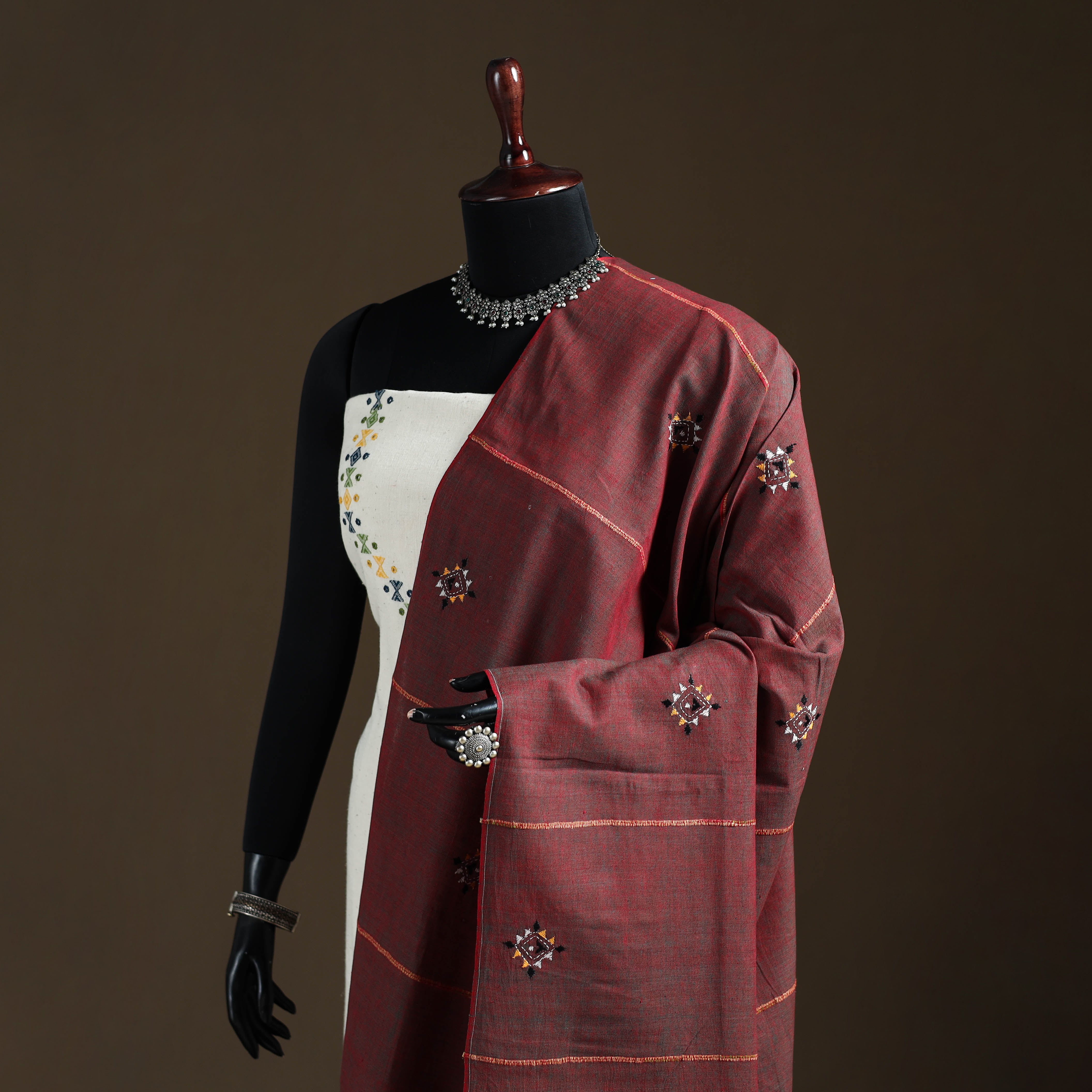 Maroon - Kantha Hand Embroidered Khes Handwoven Cotton Dupatta 43 - Image 2