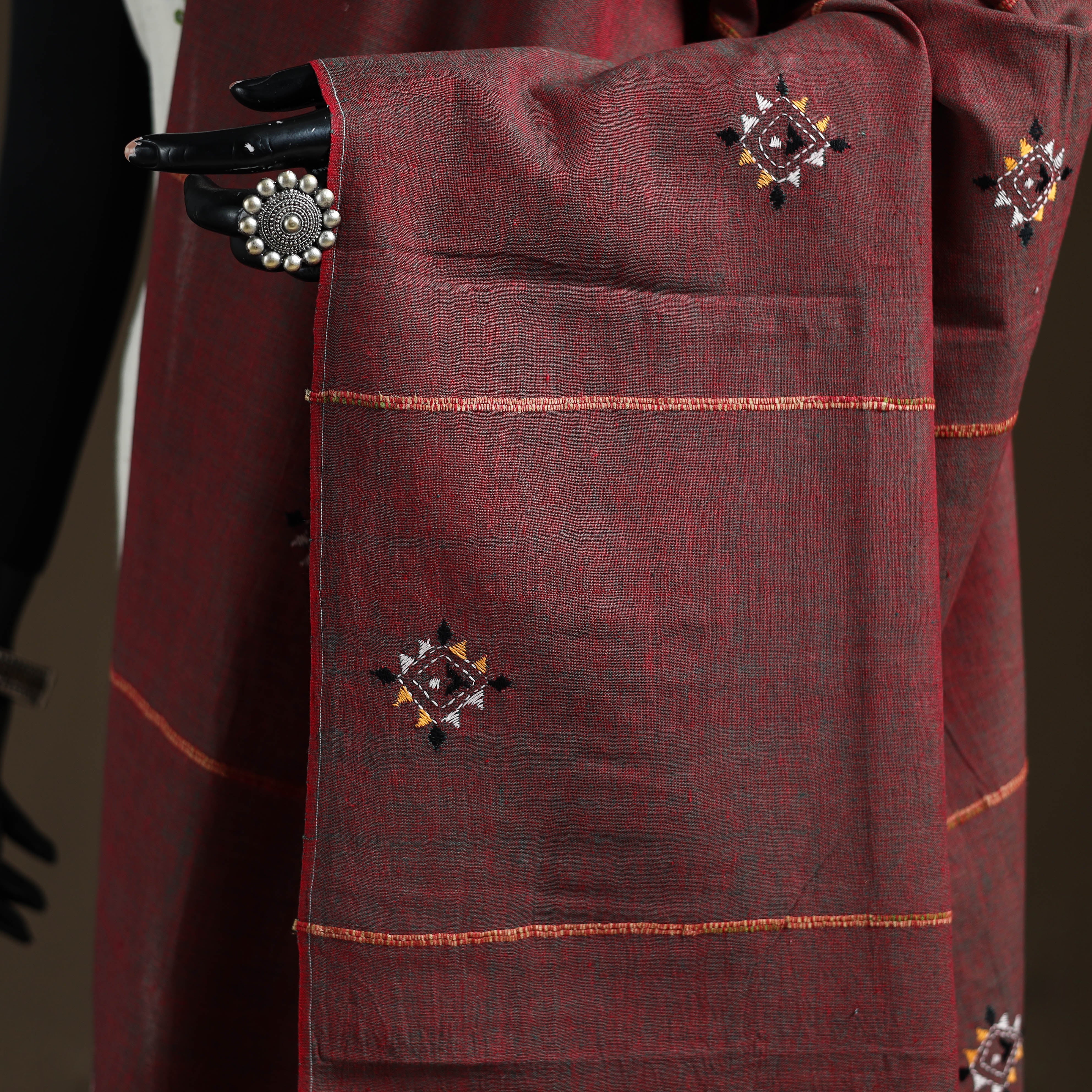 Maroon - Kantha Hand Embroidered Khes Handwoven Cotton Dupatta 43 - Image 3