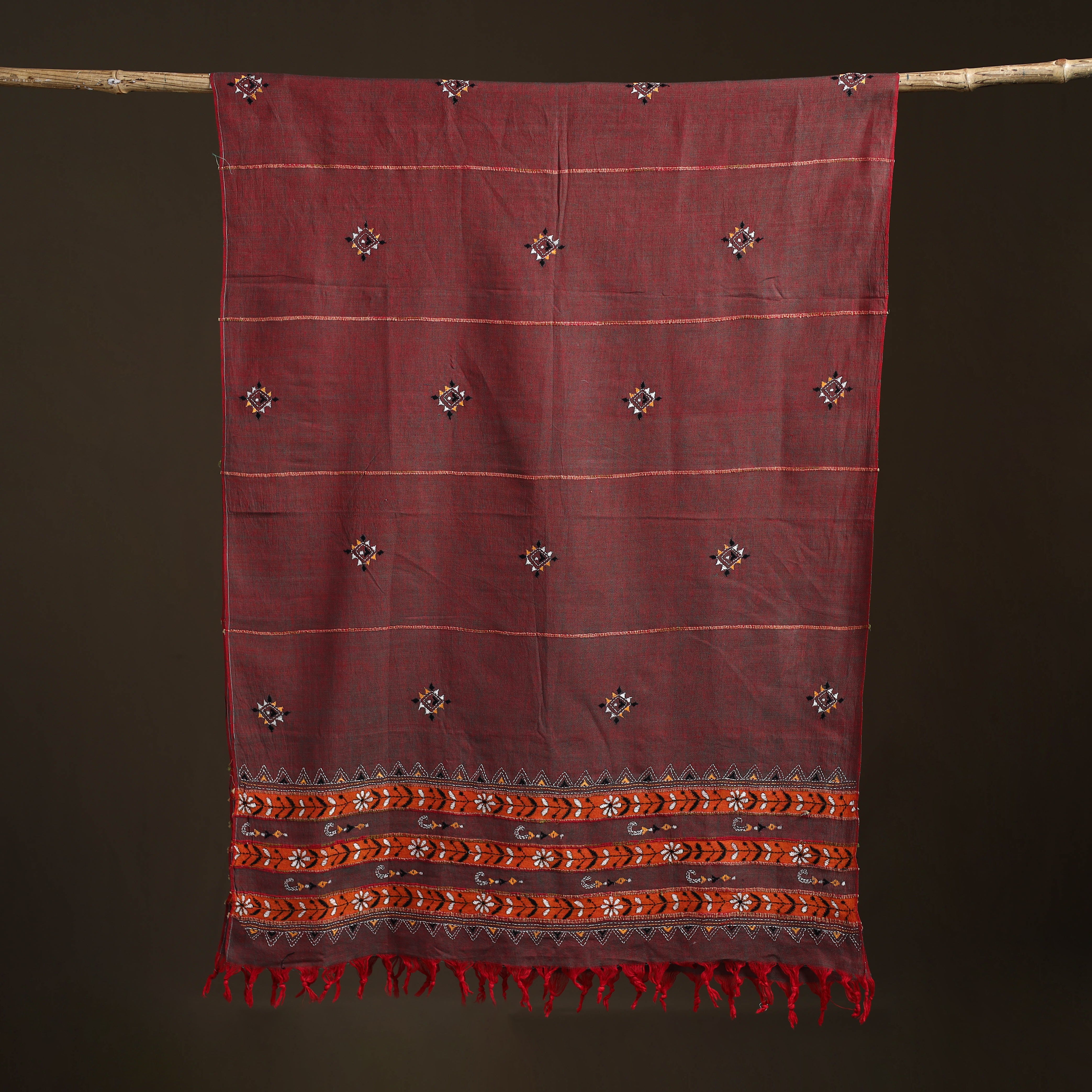 Maroon - Kantha Hand Embroidered Khes Handwoven Cotton Dupatta 43 - Image 5