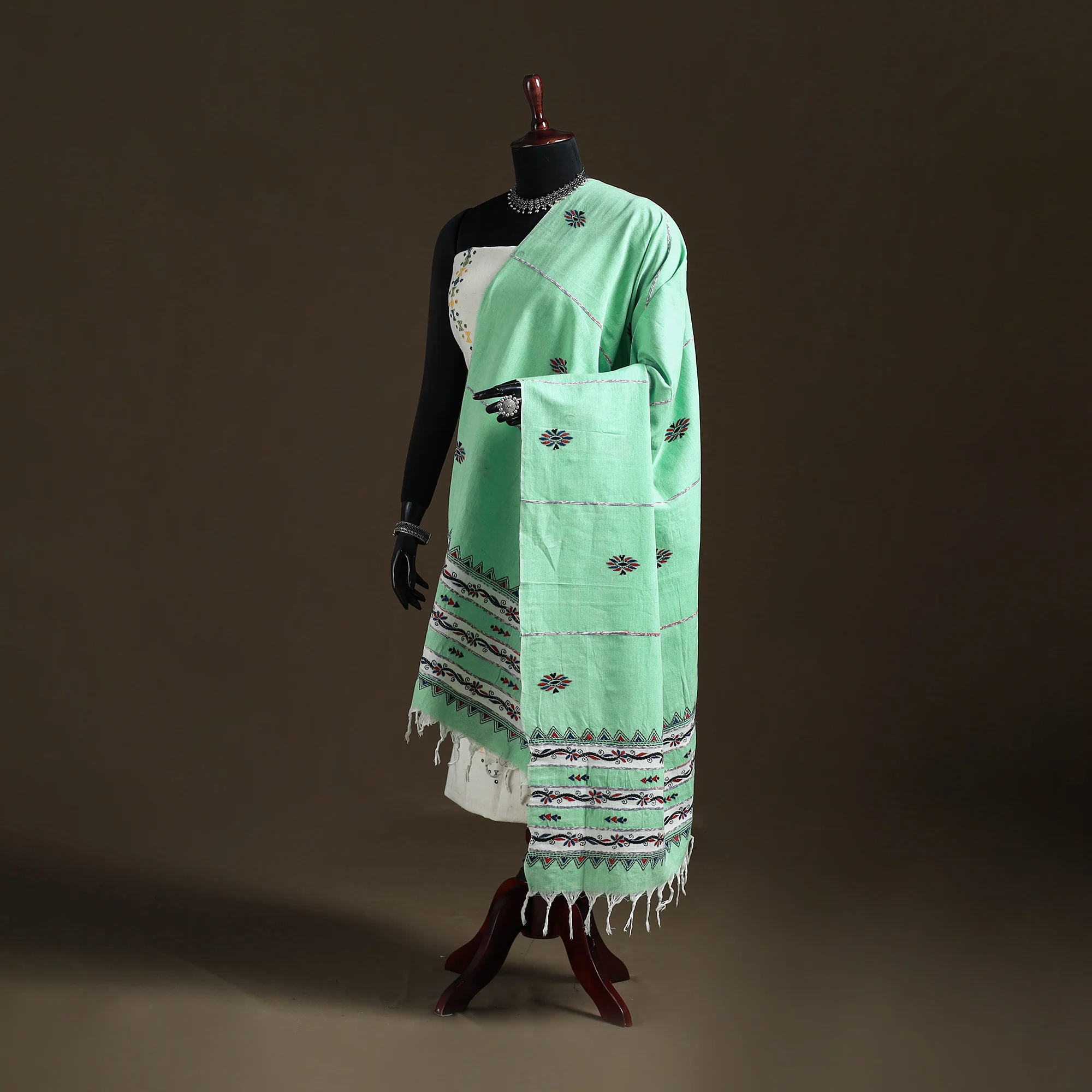 Green - Kantha Hand Embroidered Khes Handwoven Cotton Dupatta 44