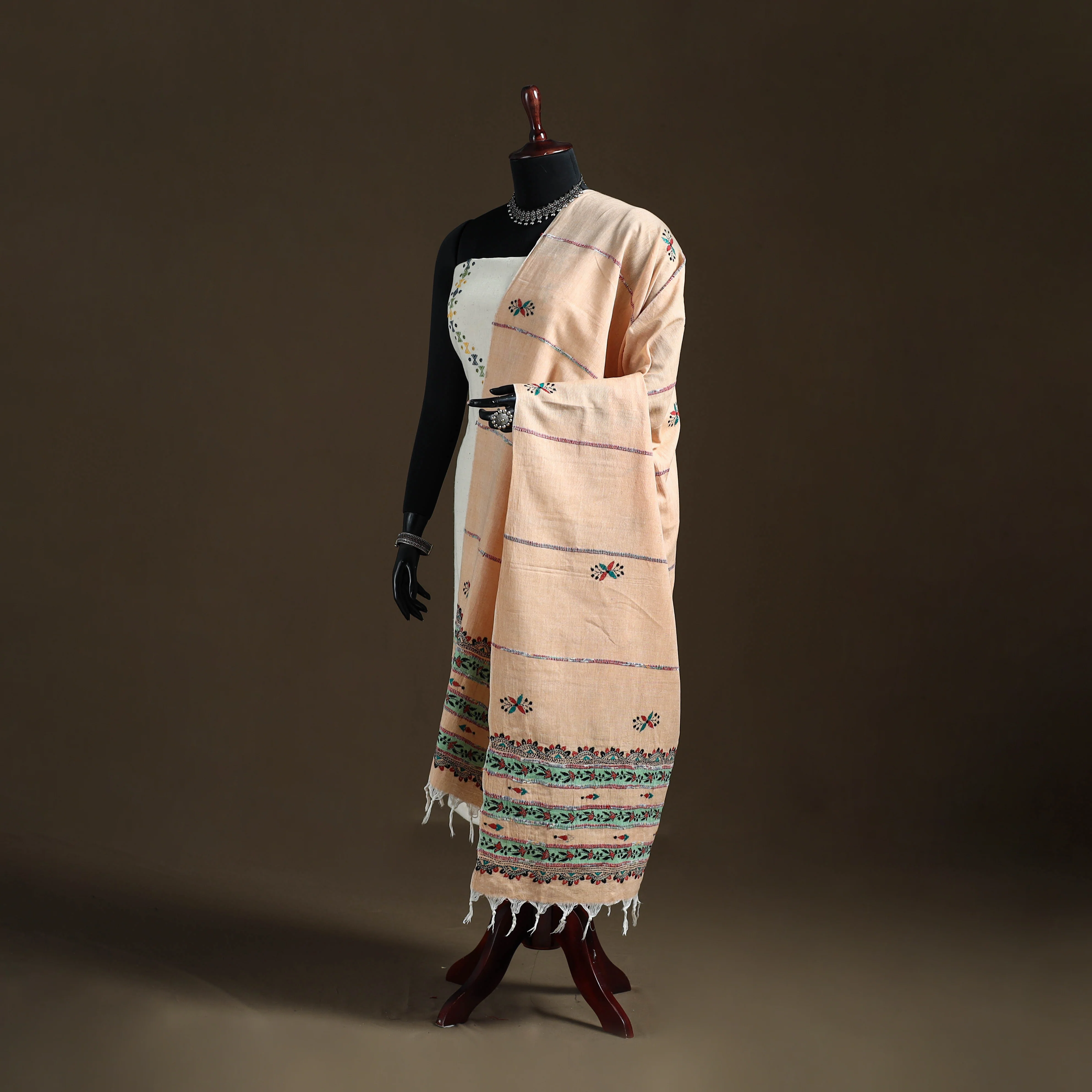 Peach - Kantha Hand Embroidered Khes Handwoven Cotton Dupatta 45