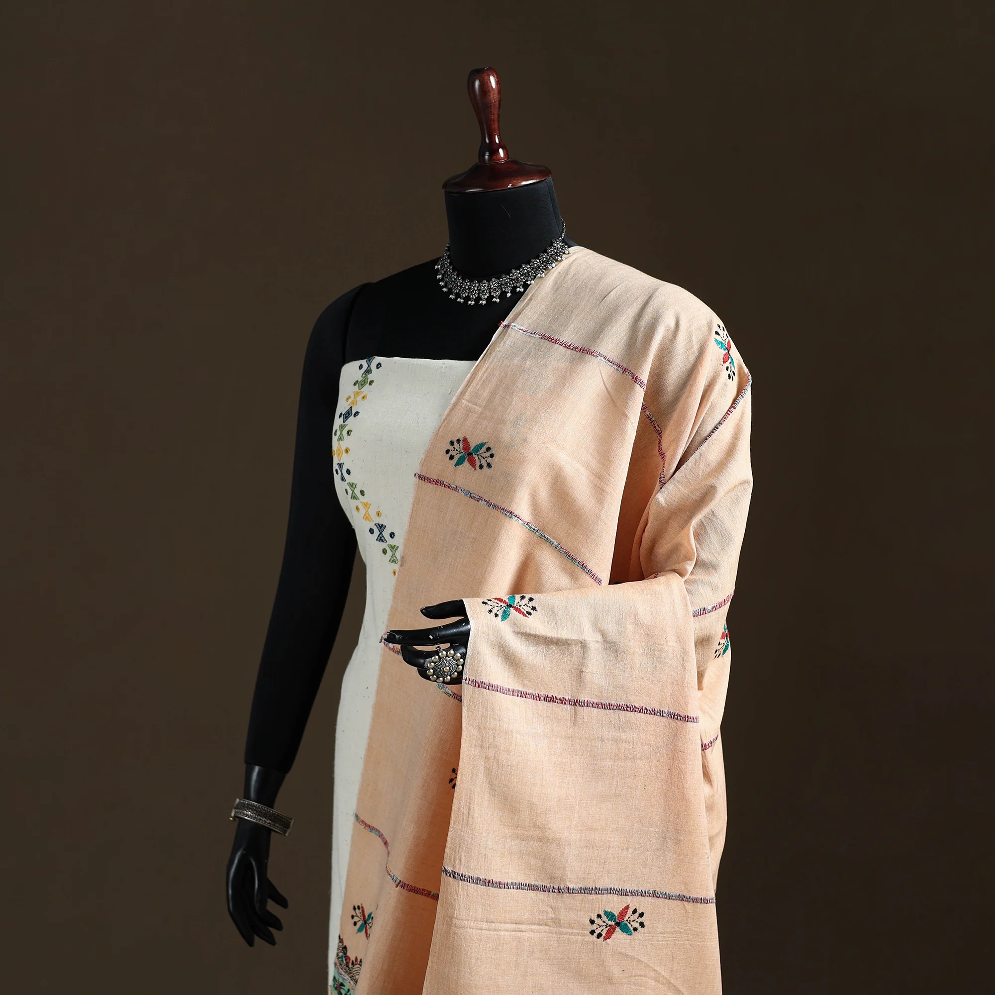 Peach - Kantha Hand Embroidered Khes Handwoven Cotton Dupatta 45 - Image 2