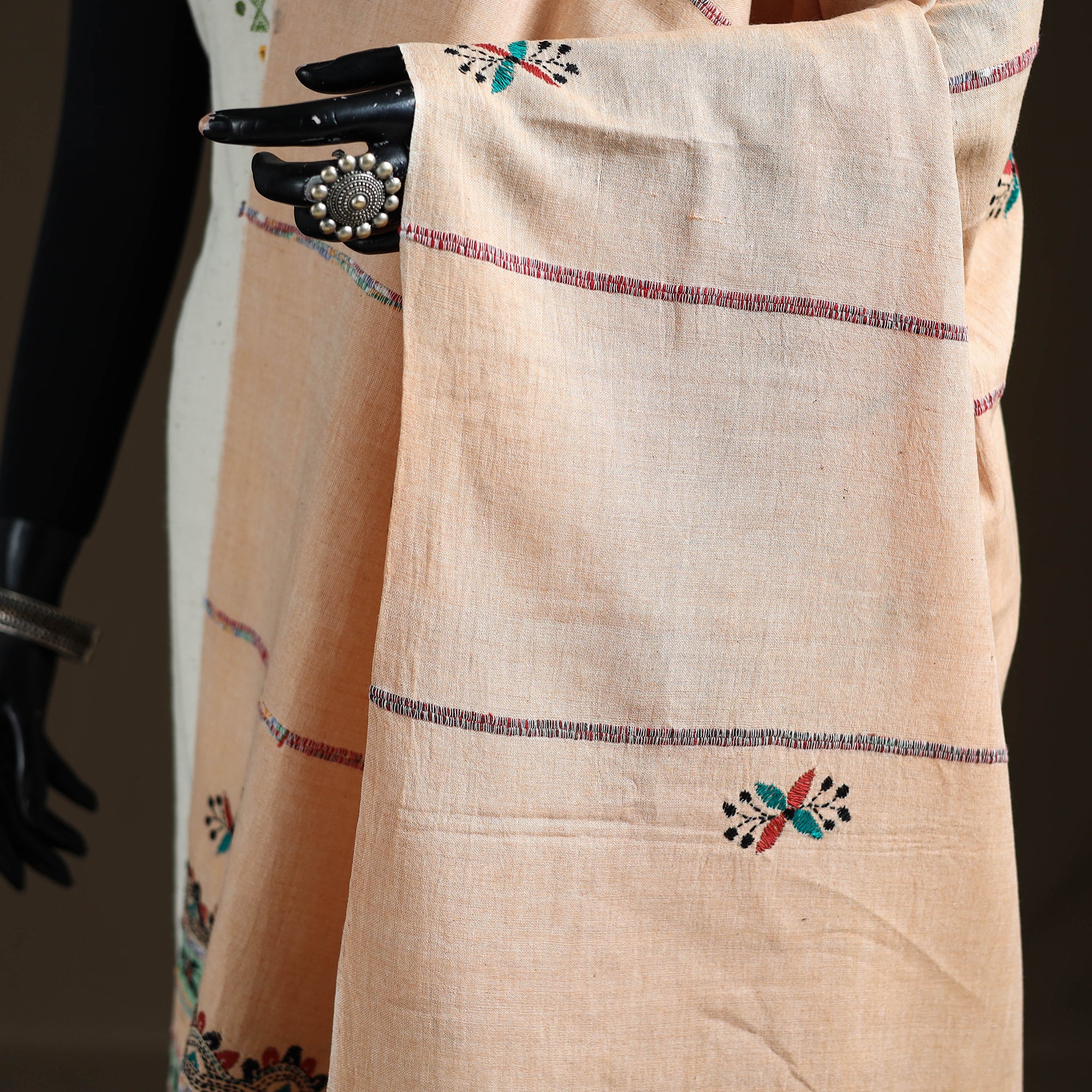 Peach - Kantha Hand Embroidered Khes Handwoven Cotton Dupatta 45 - Image 3