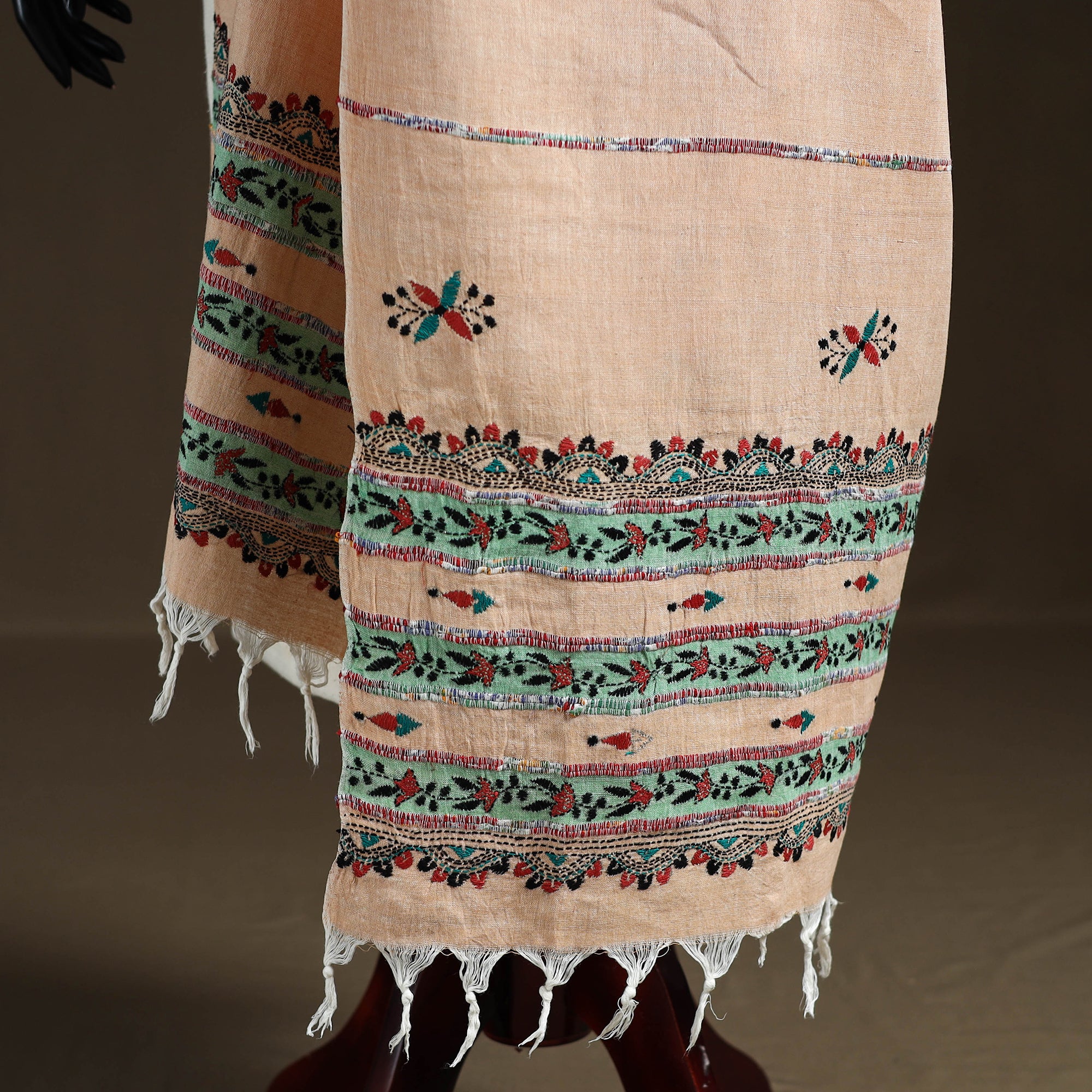 Peach - Kantha Hand Embroidered Khes Handwoven Cotton Dupatta 45 - Image 4