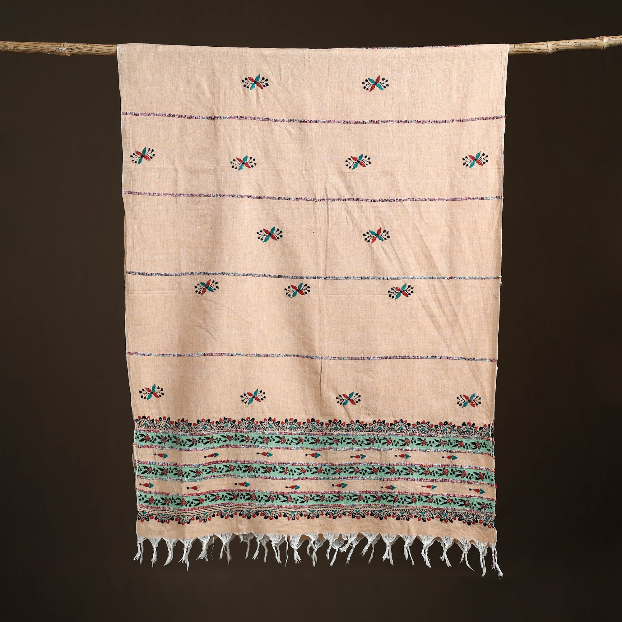 Peach - Kantha Hand Embroidered Khes Handwoven Cotton Dupatta 45 - Image 5