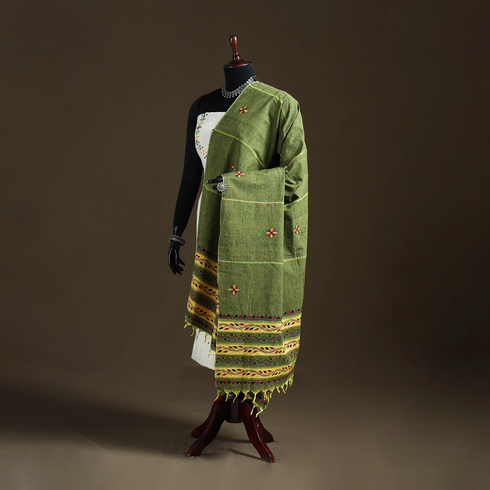 Green - Kantha Hand Embroidered Khes Handwoven Cotton Dupatta 46