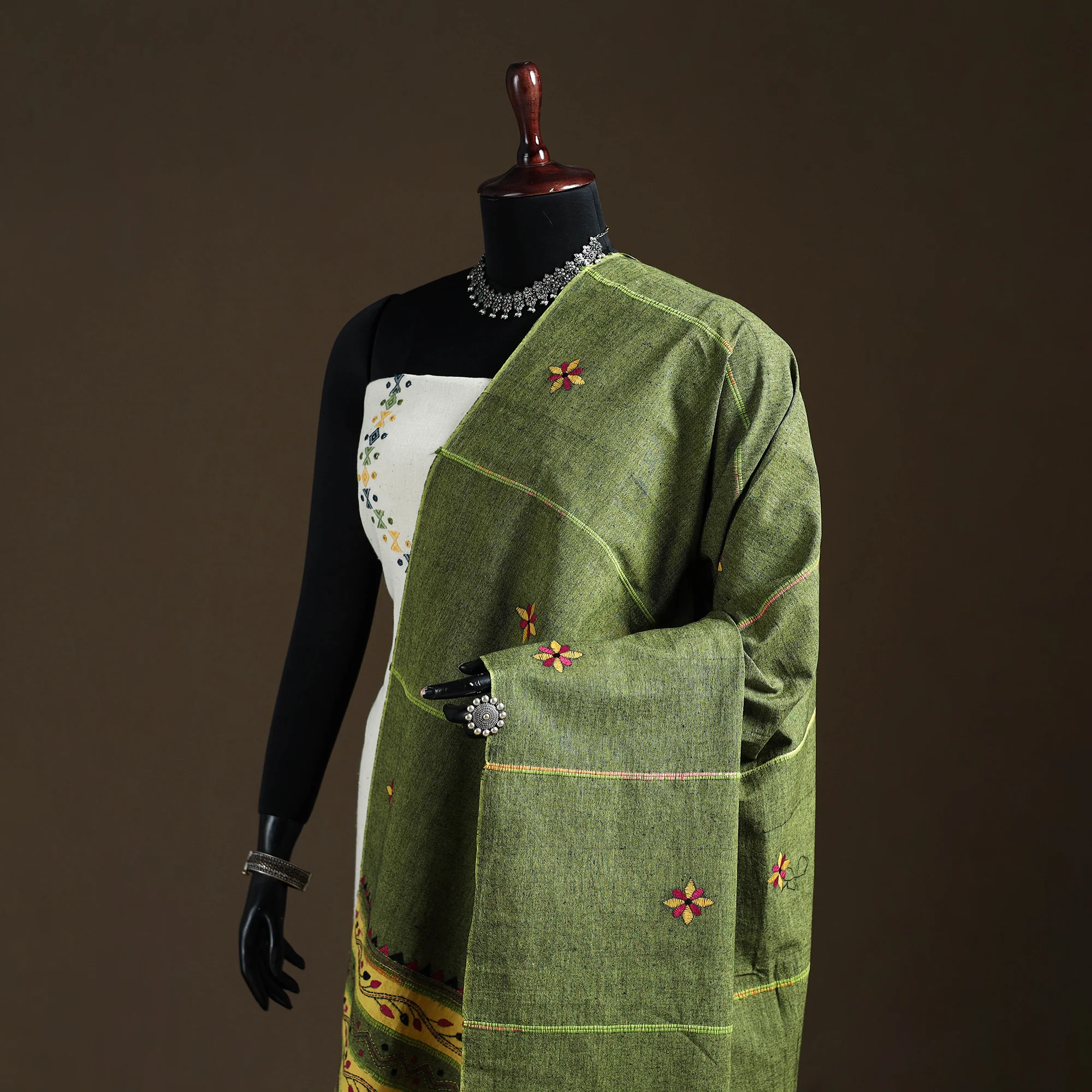 Green - Kantha Hand Embroidered Khes Handwoven Cotton Dupatta 46 - Image 2
