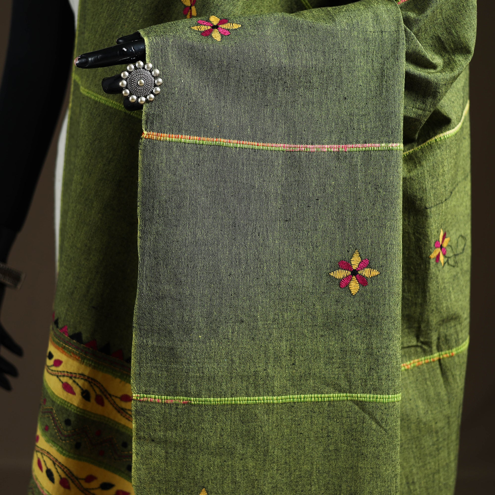 Green - Kantha Hand Embroidered Khes Handwoven Cotton Dupatta 46 - Image 3