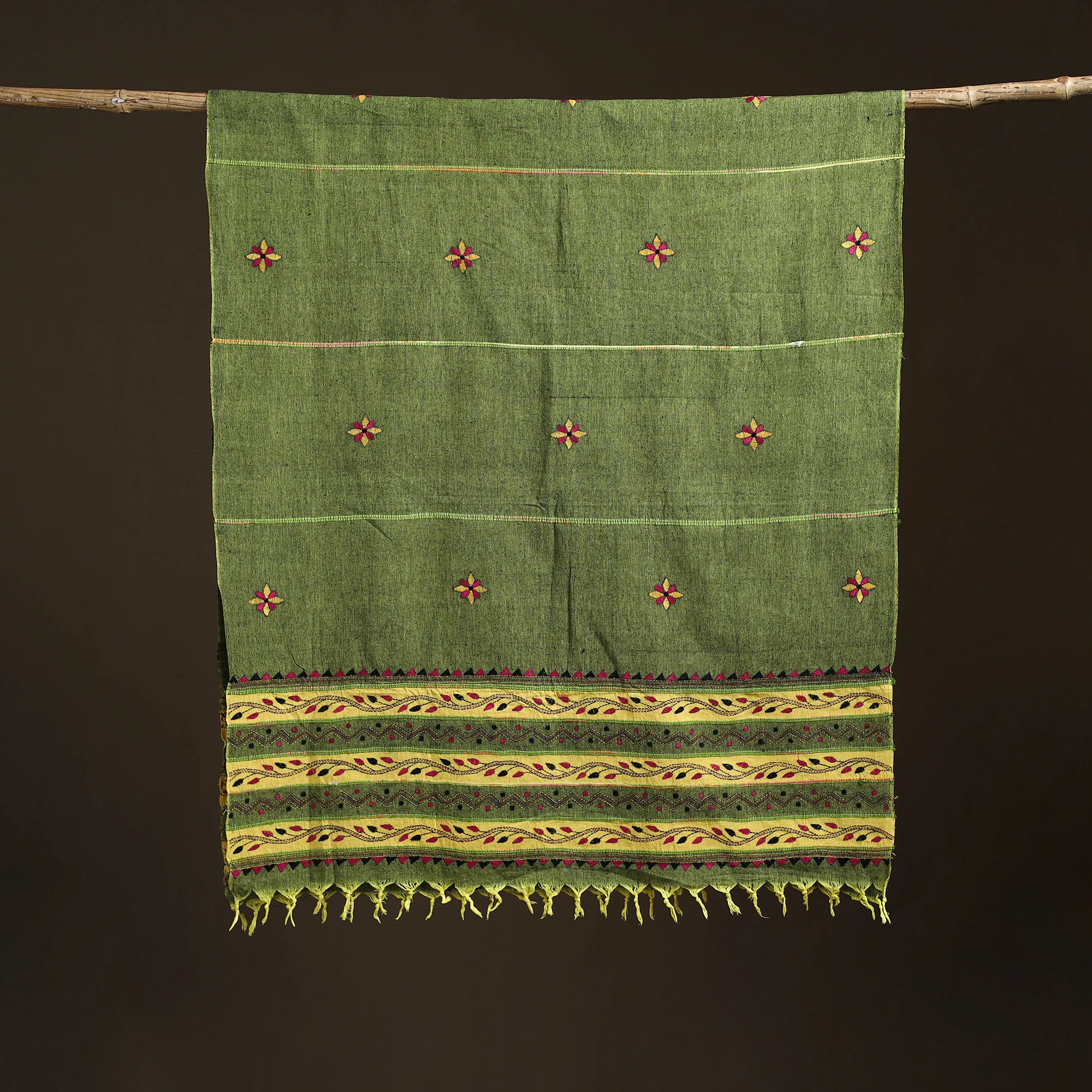 Green - Kantha Hand Embroidered Khes Handwoven Cotton Dupatta 46 - Image 5