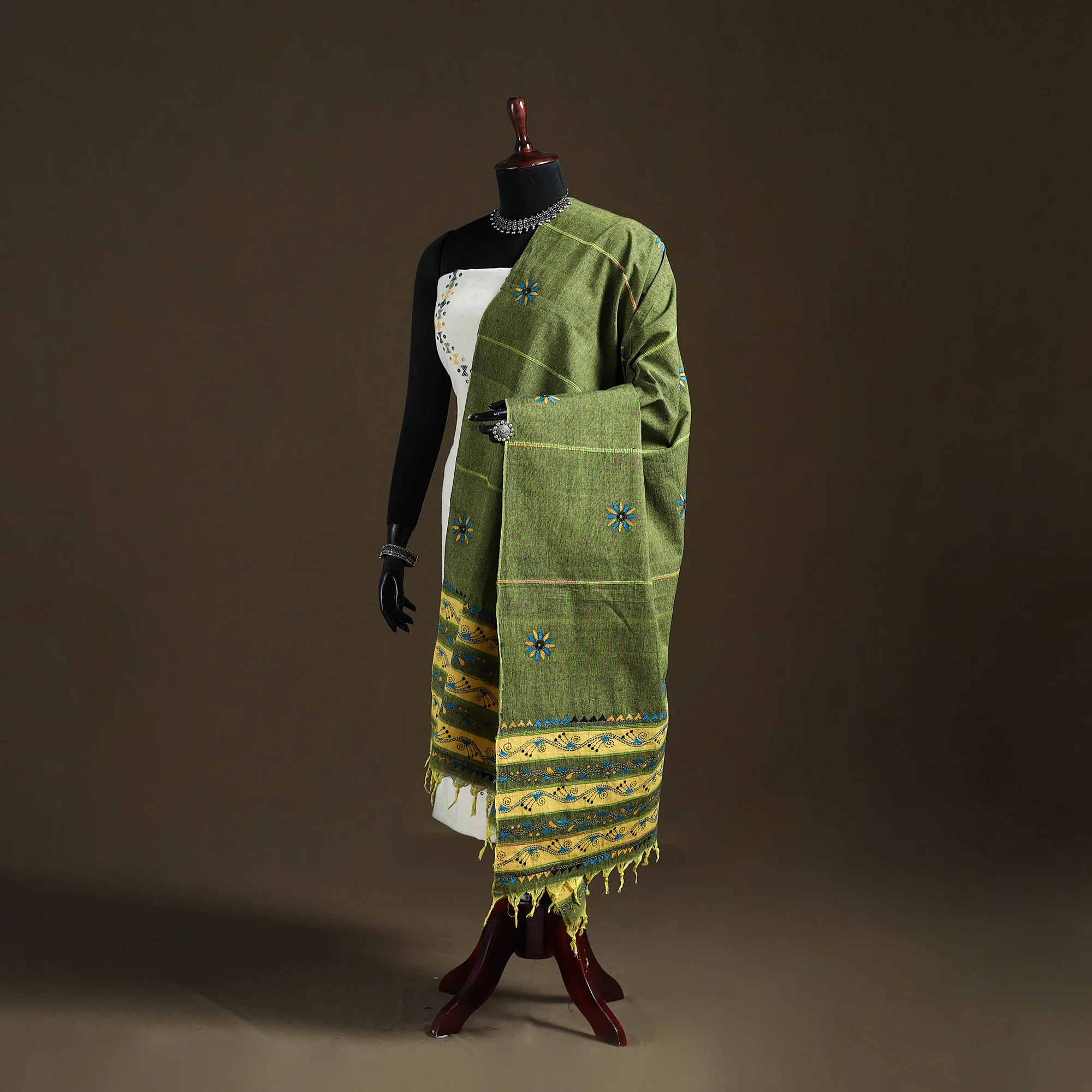 Green - Kantha Hand Embroidered Khes Handwoven Cotton Dupatta 47