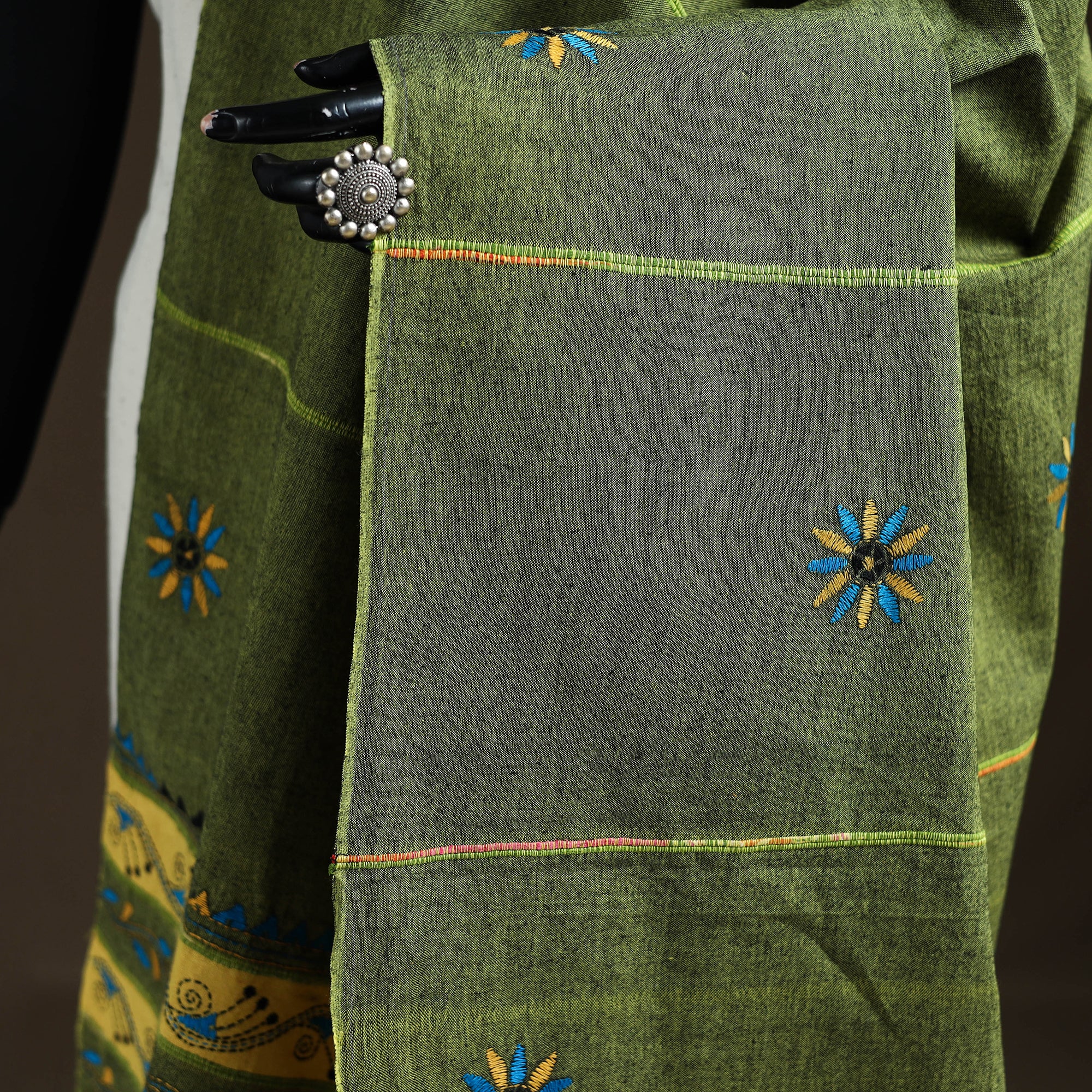 Green - Kantha Hand Embroidered Khes Handwoven Cotton Dupatta 47 - Image 3