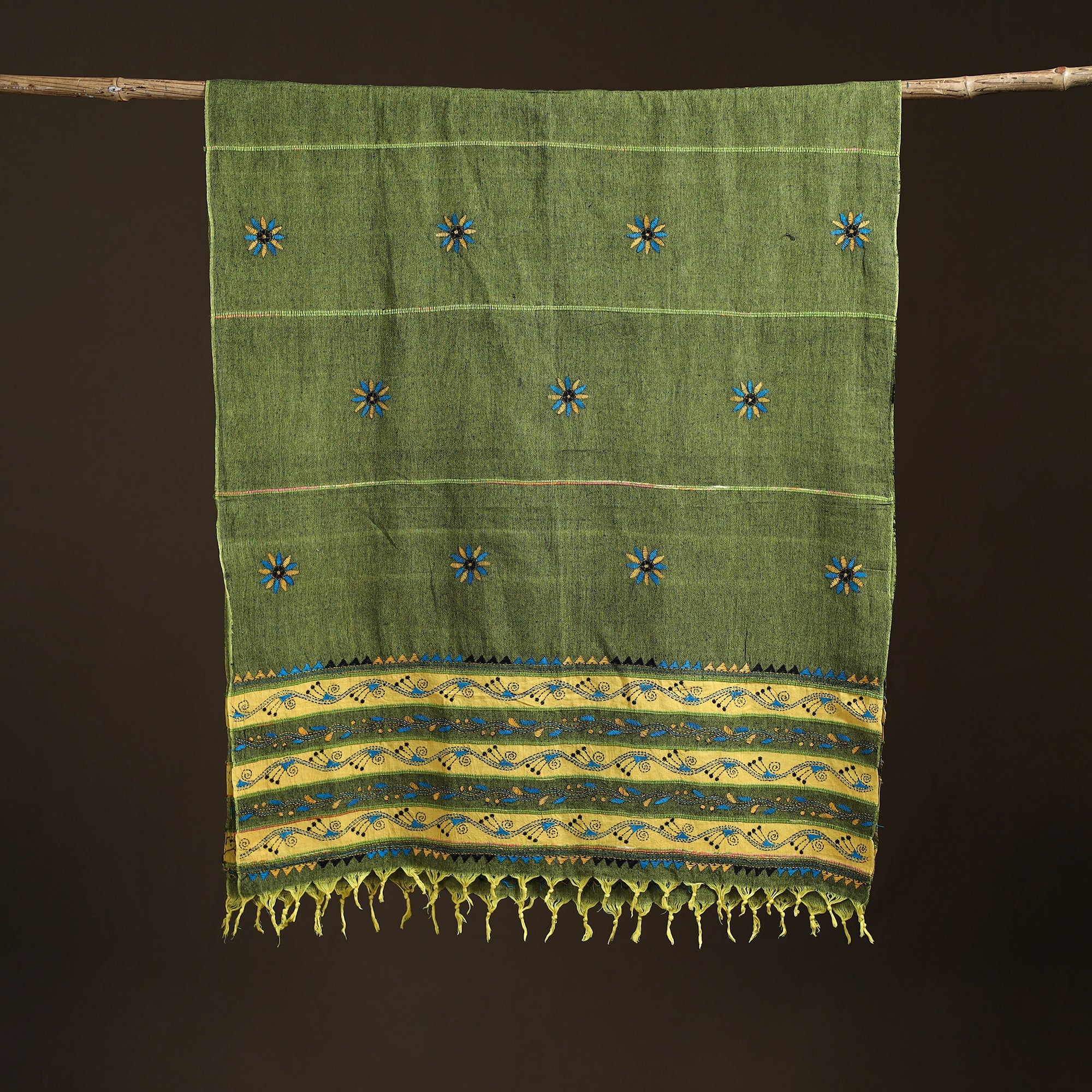 Green - Kantha Hand Embroidered Khes Handwoven Cotton Dupatta 47 - Image 5