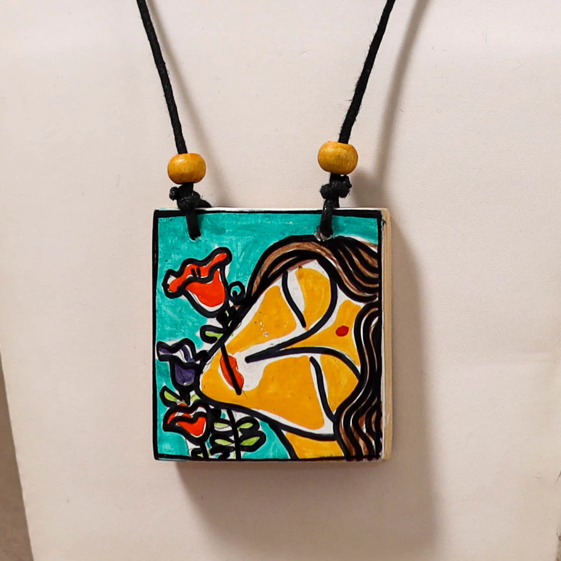Kerala Mural Handpainted Bamboo Necklace 195 - Image 2