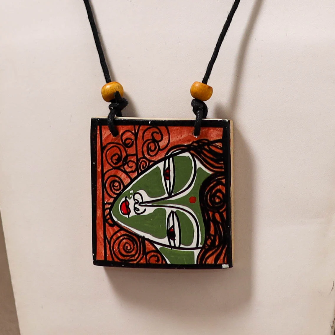 Kerala Mural Handpainted Bamboo Necklace 196 - Image 2