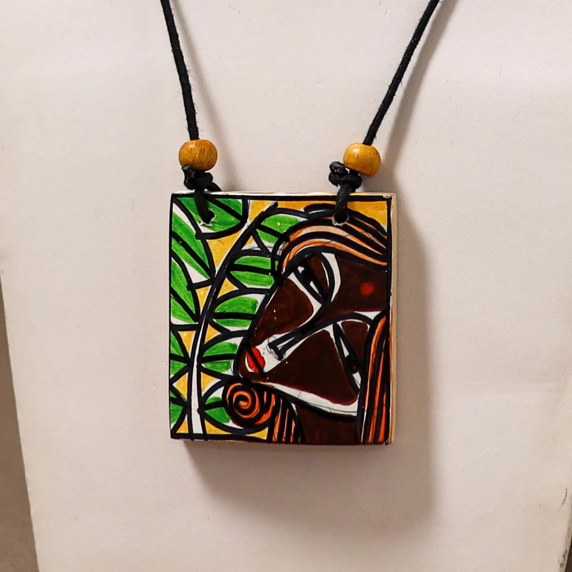 Kerala Mural Handpainted Bamboo Necklace 198 - Image 2