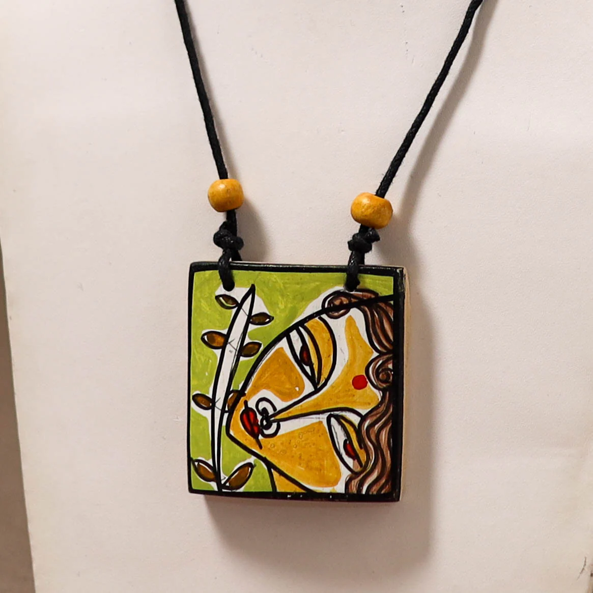 Kerala Mural Handpainted Bamboo Necklace 202 - Image 2