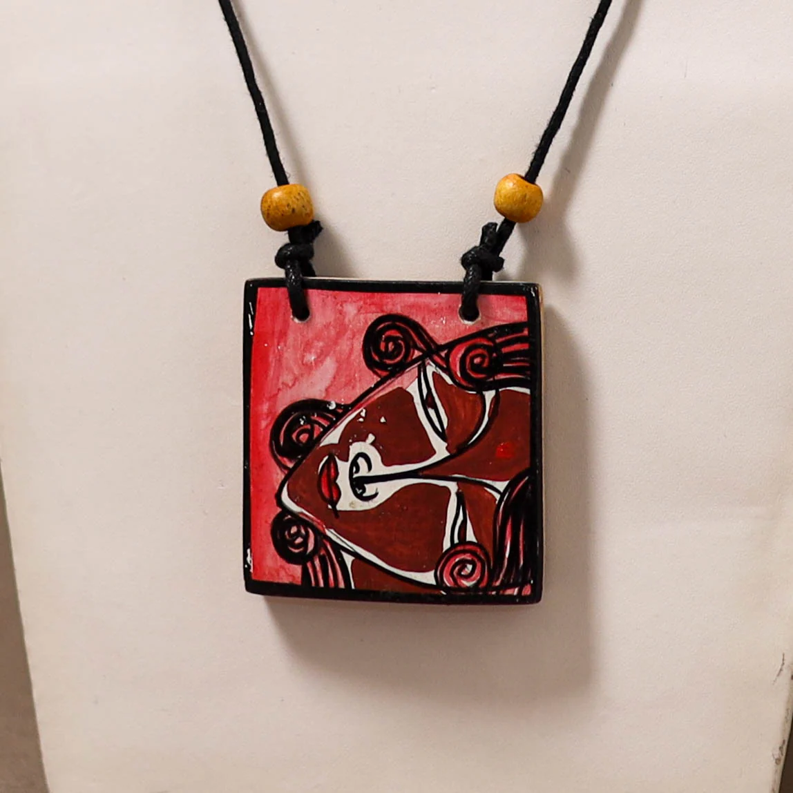 Kerala Mural Handpainted Bamboo Necklace 207 - Image 2