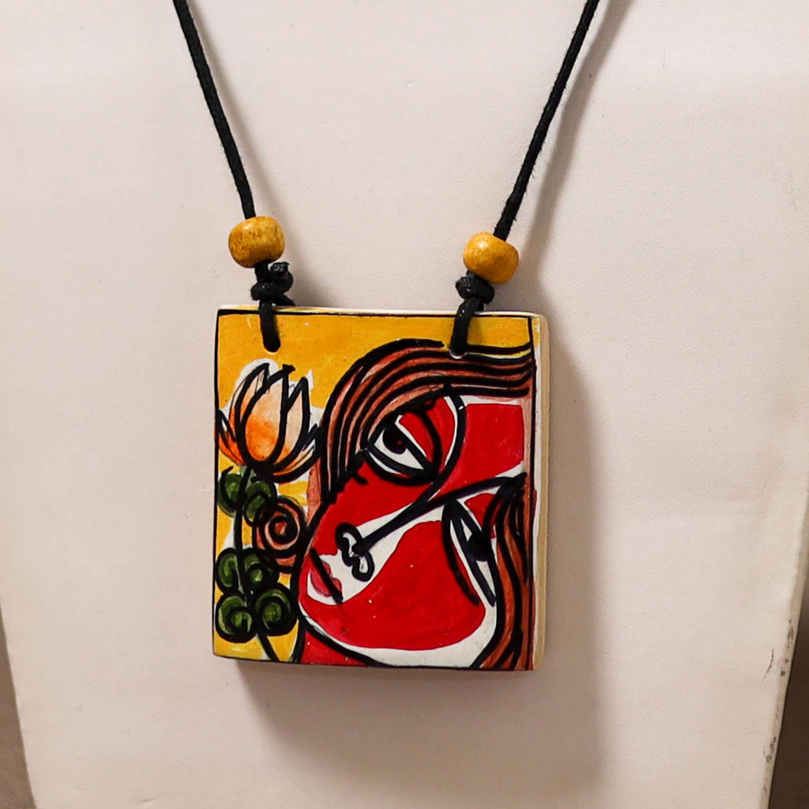 Kerala Mural Handpainted Bamboo Necklace 212 - Image 2