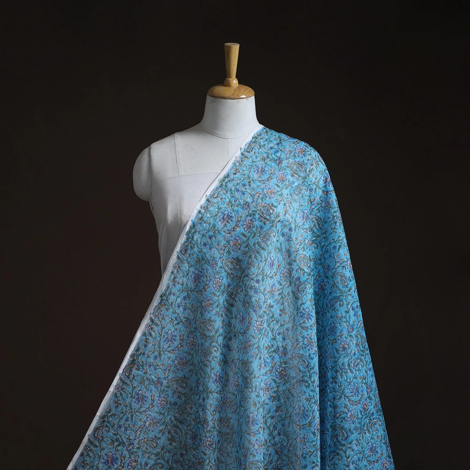 Blue - Kota Doria Cotton Hand Block Sanganeri Print Fabric 06