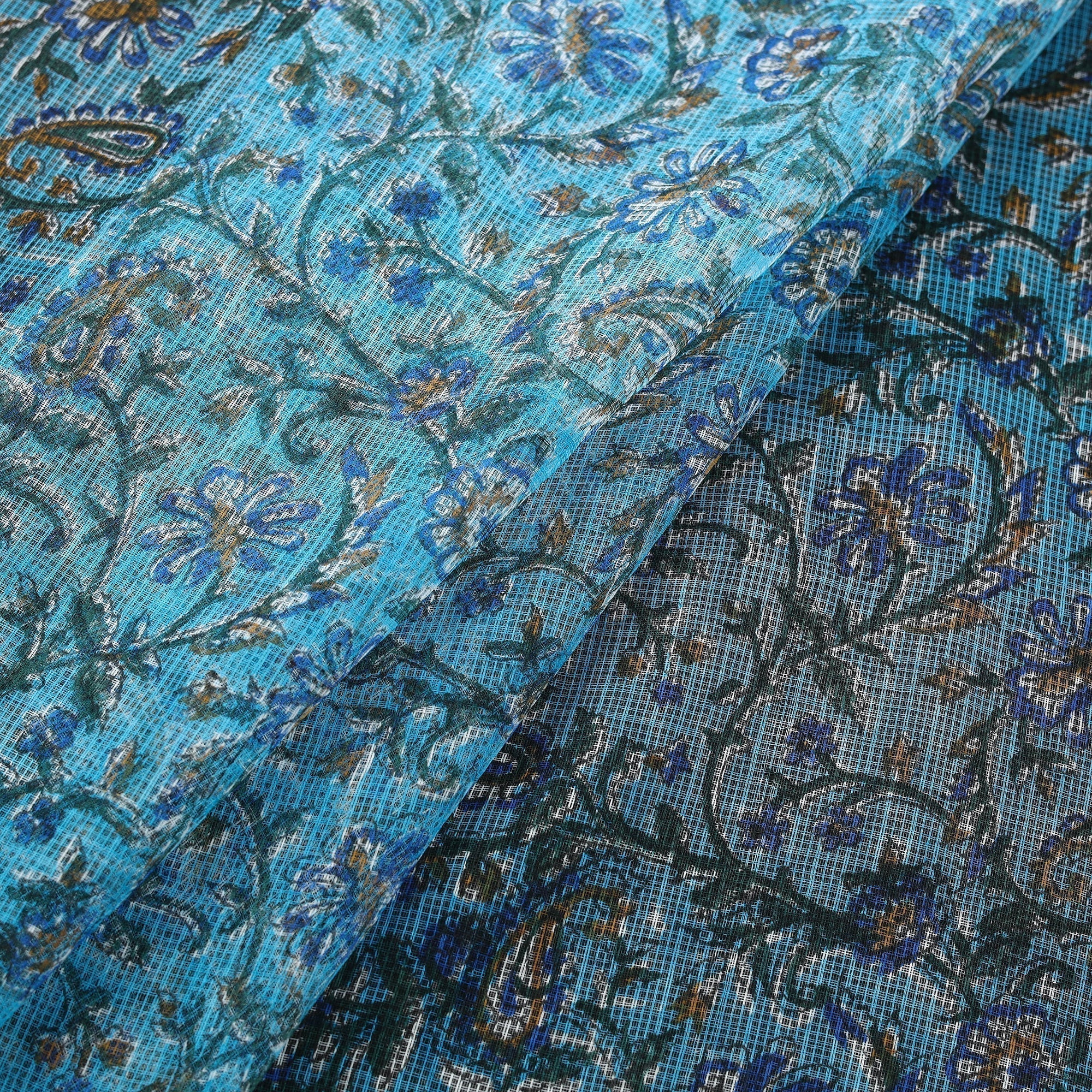 Blue - Kota Doria Cotton Hand Block Sanganeri Print Fabric 06 - Image 2