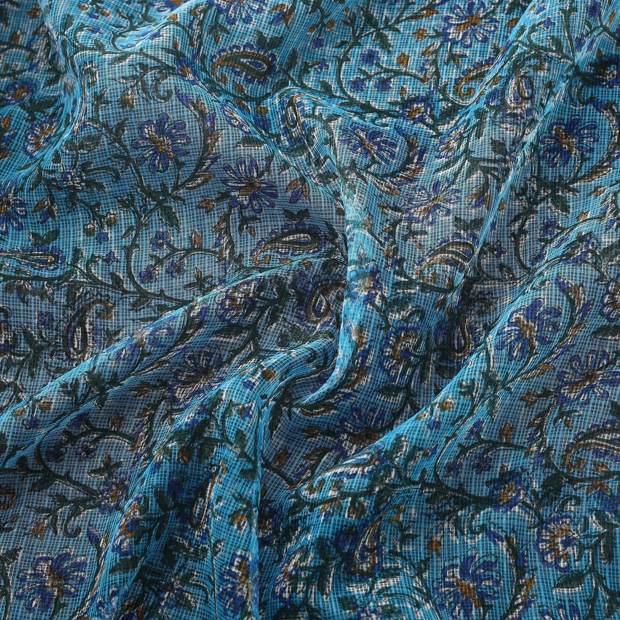 Blue - Kota Doria Cotton Hand Block Sanganeri Print Fabric 06 - Image 3