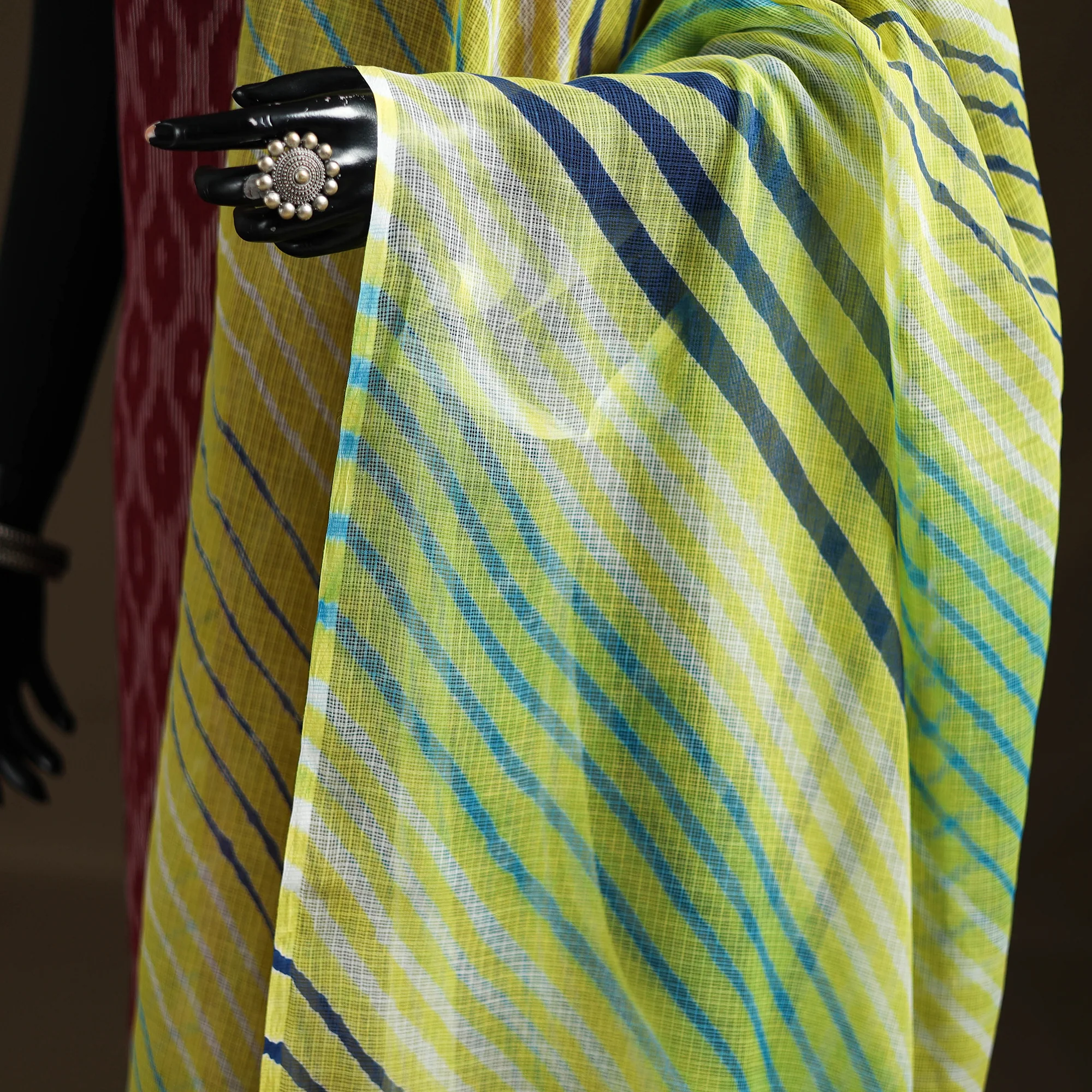 Green - Kota Doria Cotton Tie-Dye Leheriya Dupatta with Tassels 01 - Image 3