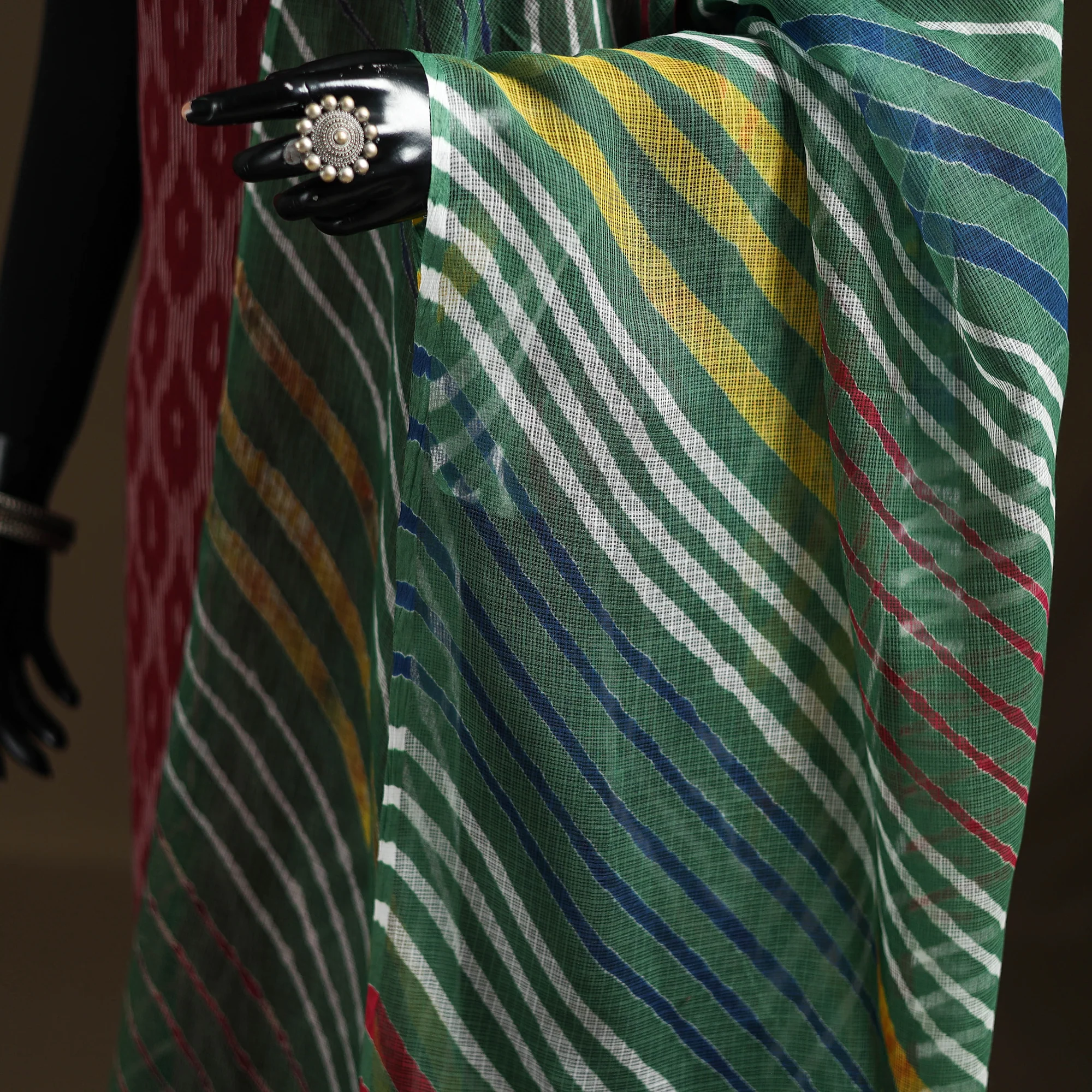Green - Kota Doria Cotton Tie-Dye Leheriya Dupatta with Tassels 04 - Image 3
